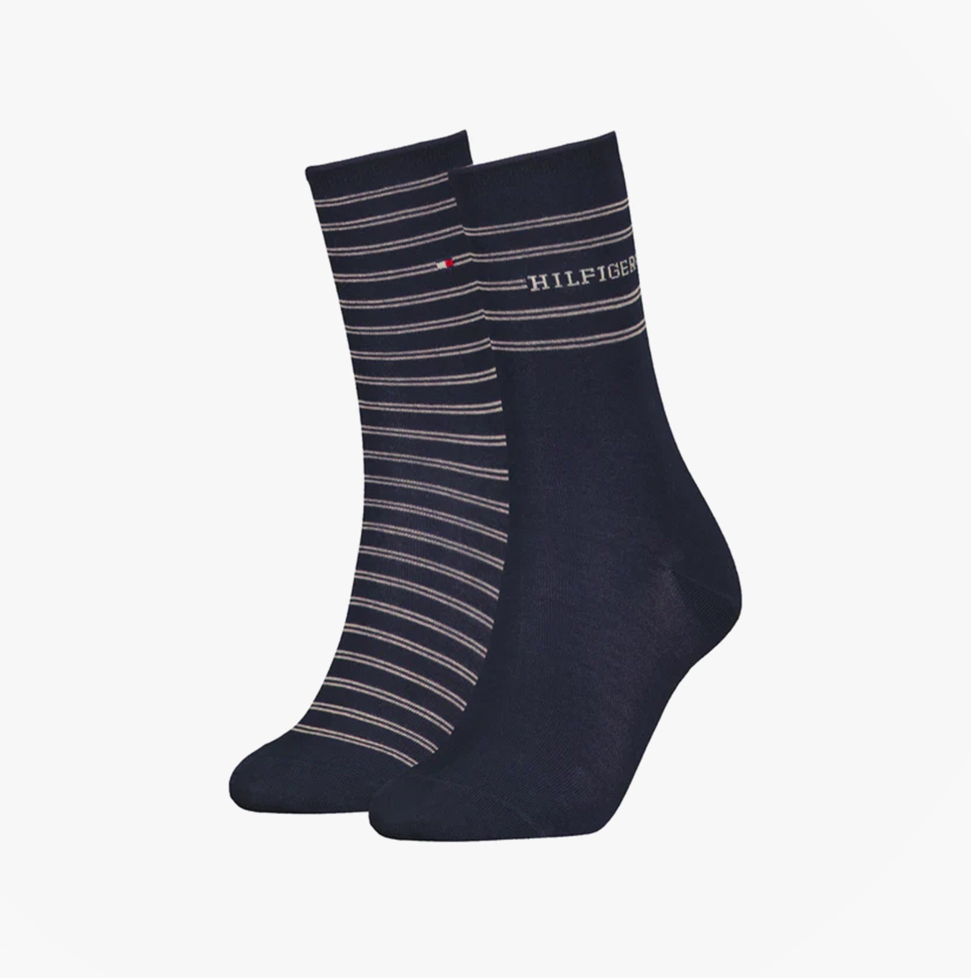 Tommy Hilfiger 2 Pack Stripe Womens Crew Socks Navy side view showing two pairs of navy socks with stripes.