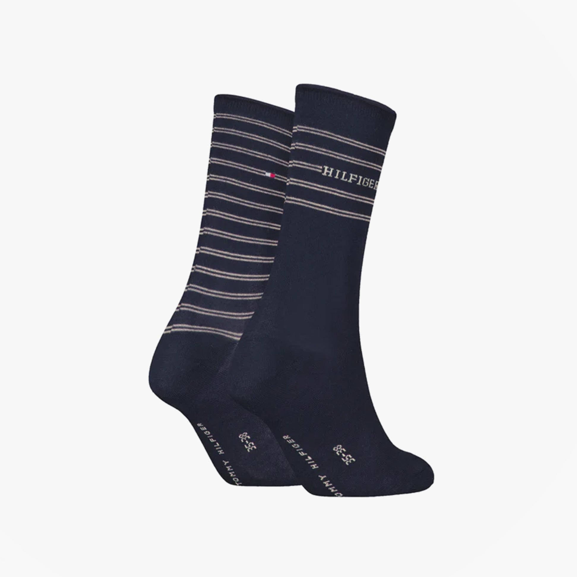 Tommy Hilfiger 2 Pack Stripe Womens Crew Socks Navy front view showcasing navy color and striped design.