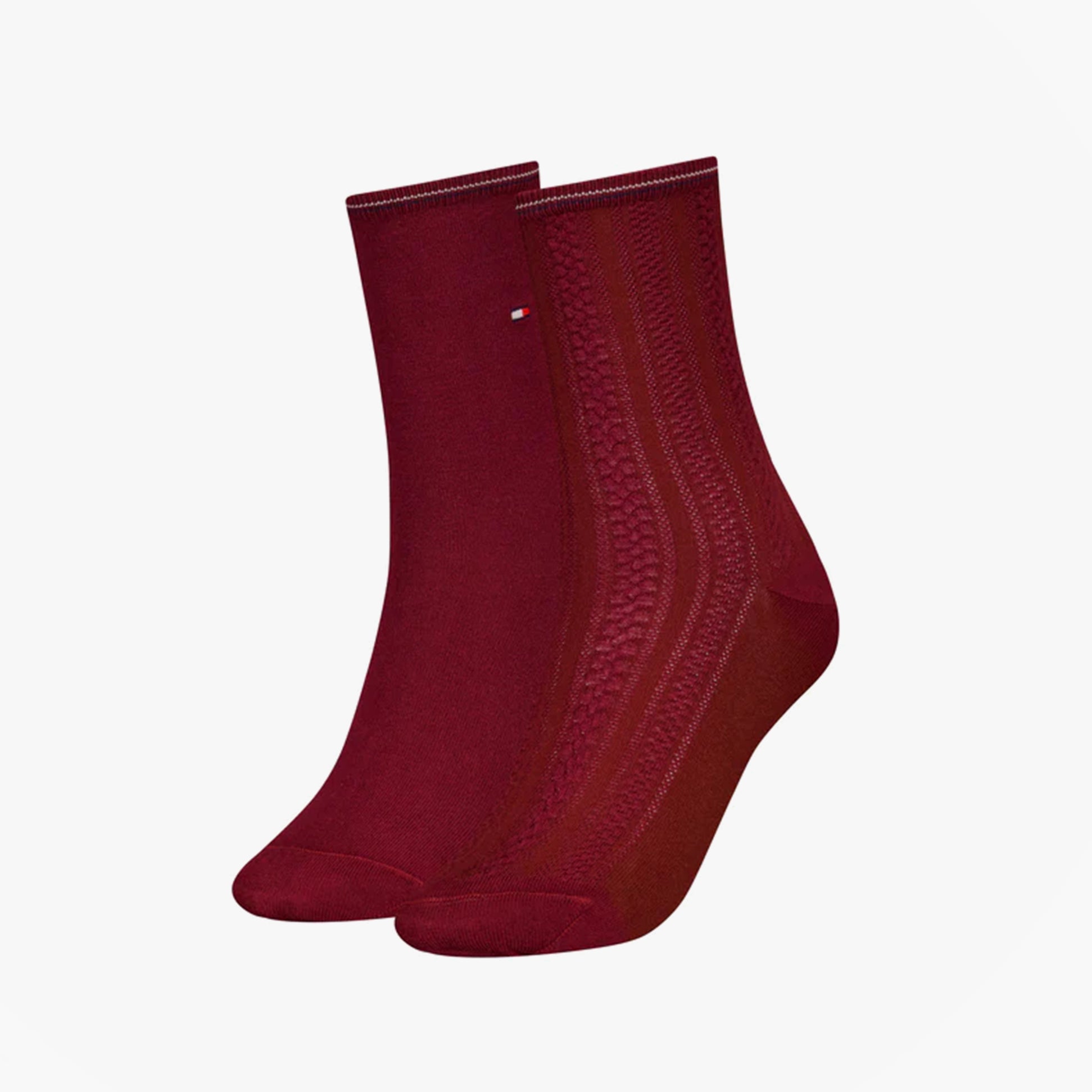 Tommy Hilfiger 2 Pack Womens Crew Socks Deep Rouge front view showing rich burgundy color and textured design.