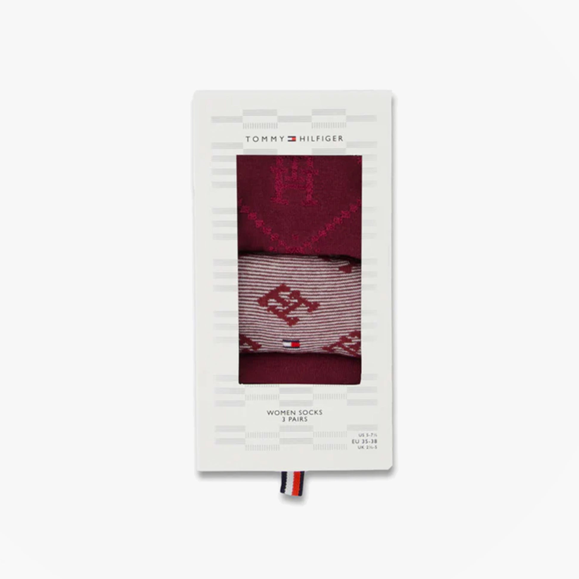 Tommy Hilfiger 3 Pack Giftboxed Monogram Womens Crew Socks Red front view showing packaging and sock patterns.