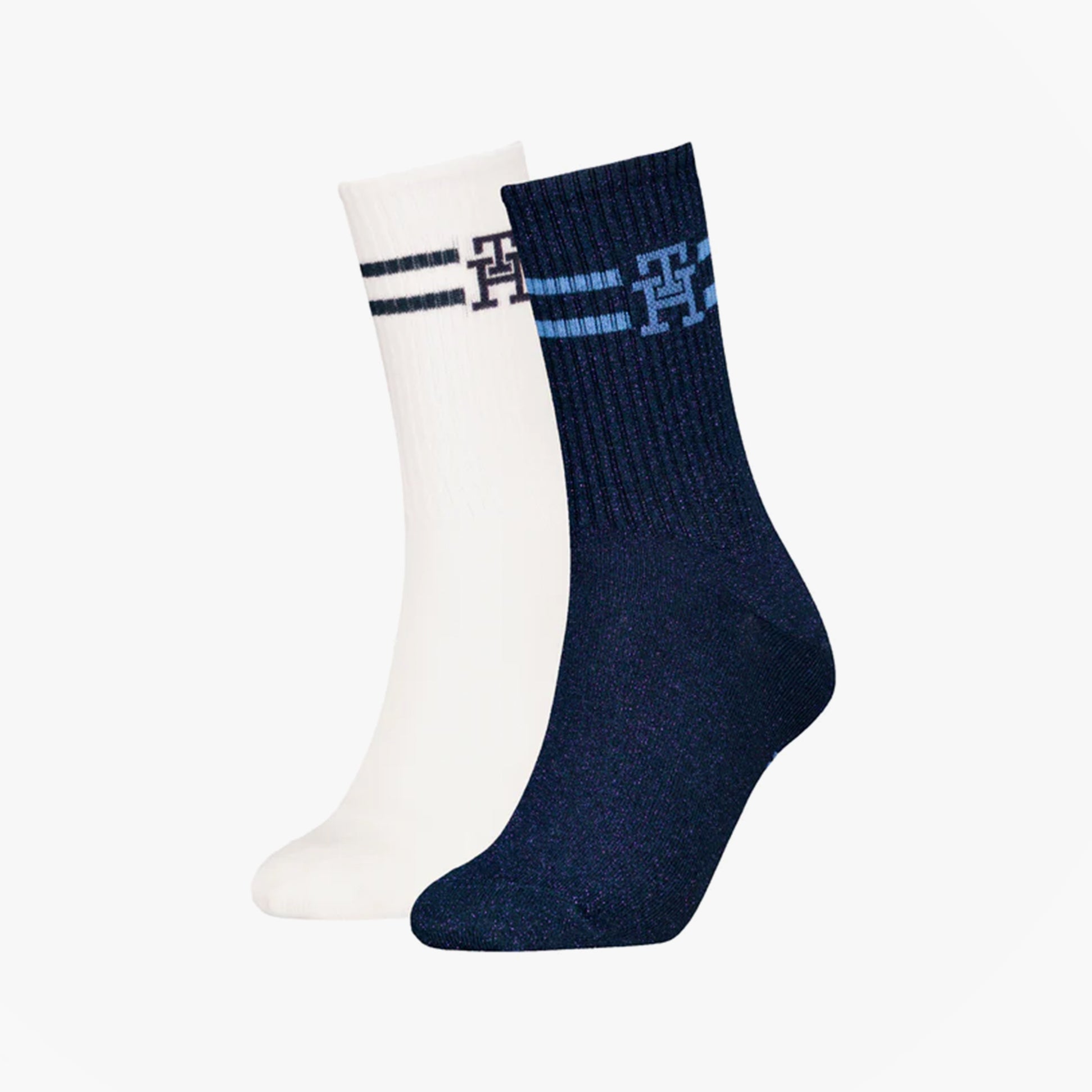 Tommy Hilfiger 2 Pack Trainer Womens Crew Socks Navy/White, side view showcasing the two color options.