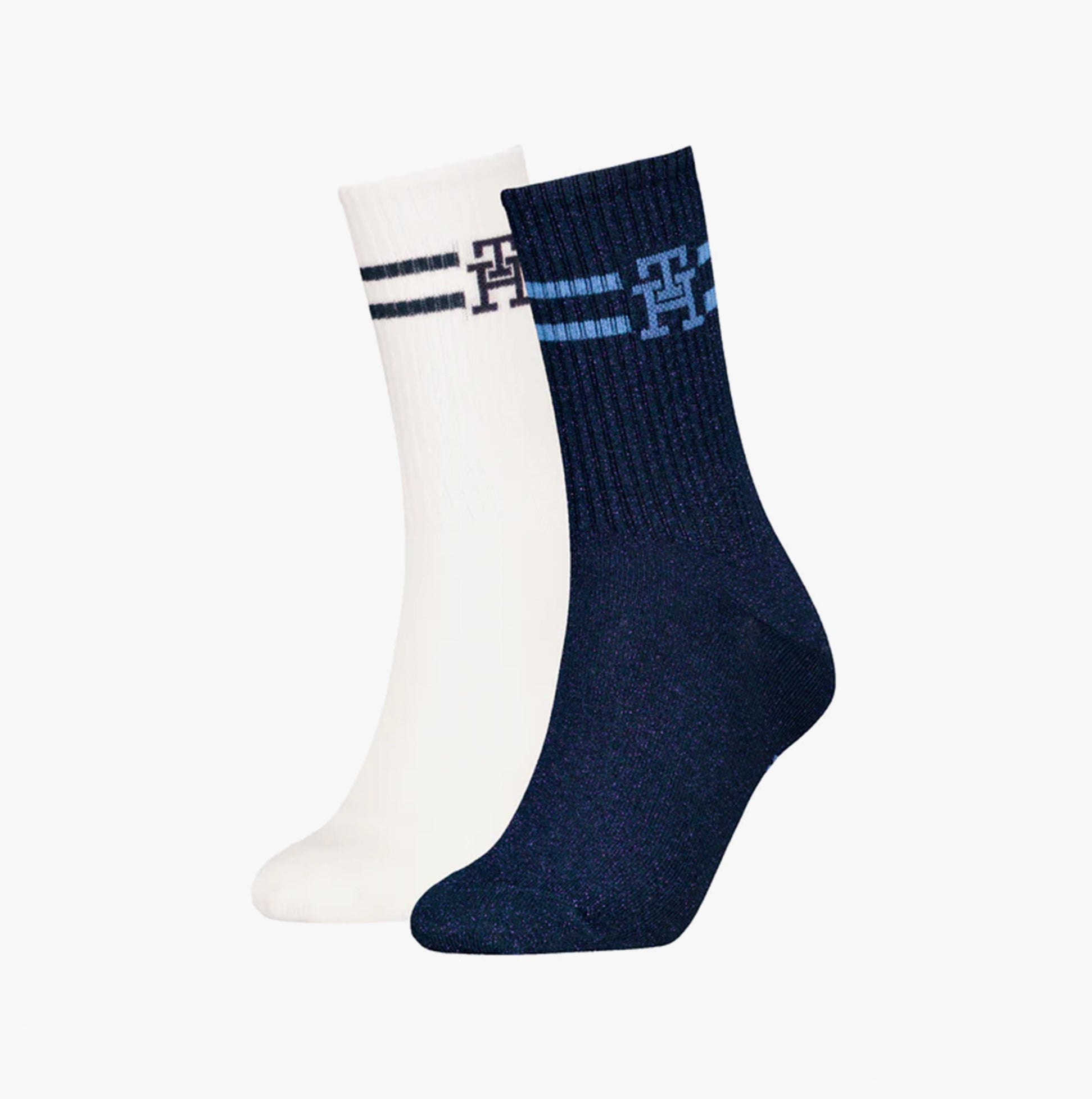 Tommy Hilfiger 2 Pack Trainer Womens Crew Socks Navy/White, side view showcasing the two color options.