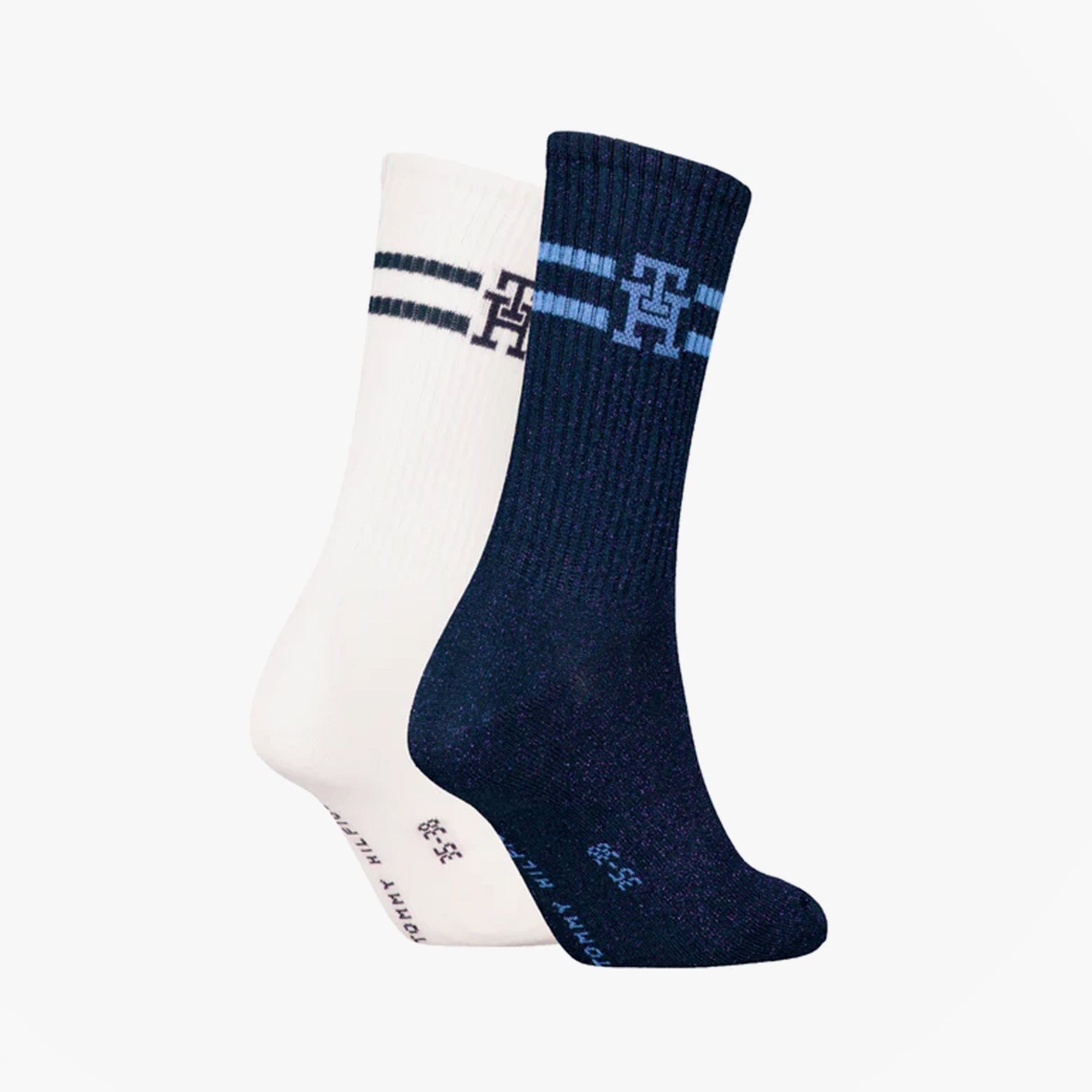 Tommy Hilfiger 2 Pack Trainer Womens Crew Socks Navy/White side view featuring navy and white color options.
