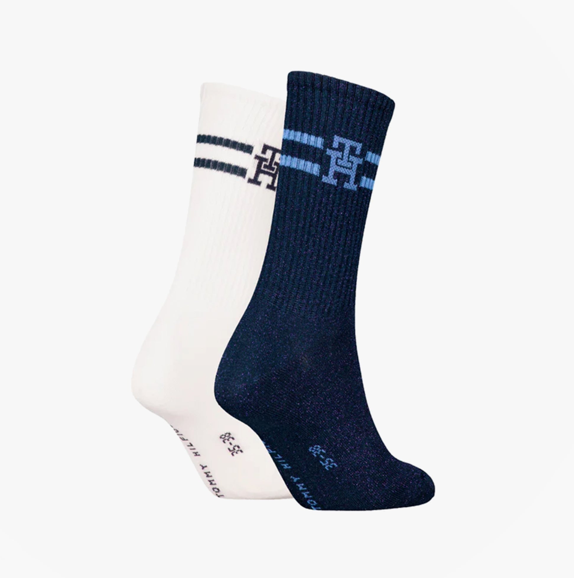 Tommy Hilfiger 2 Pack Trainer Womens Crew Socks Navy/White side view featuring navy and white color options.