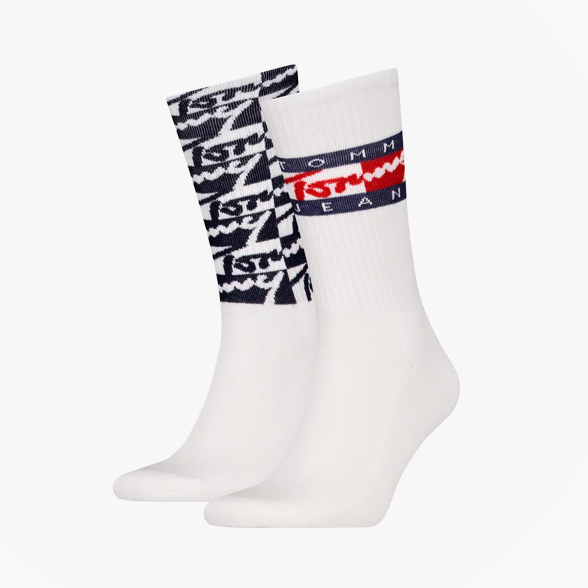 Tommy Hilfiger 2 Pack Trainer Graffiti Mens Crew Socks White, front view showcasing two styles of socks in white and graffiti design.