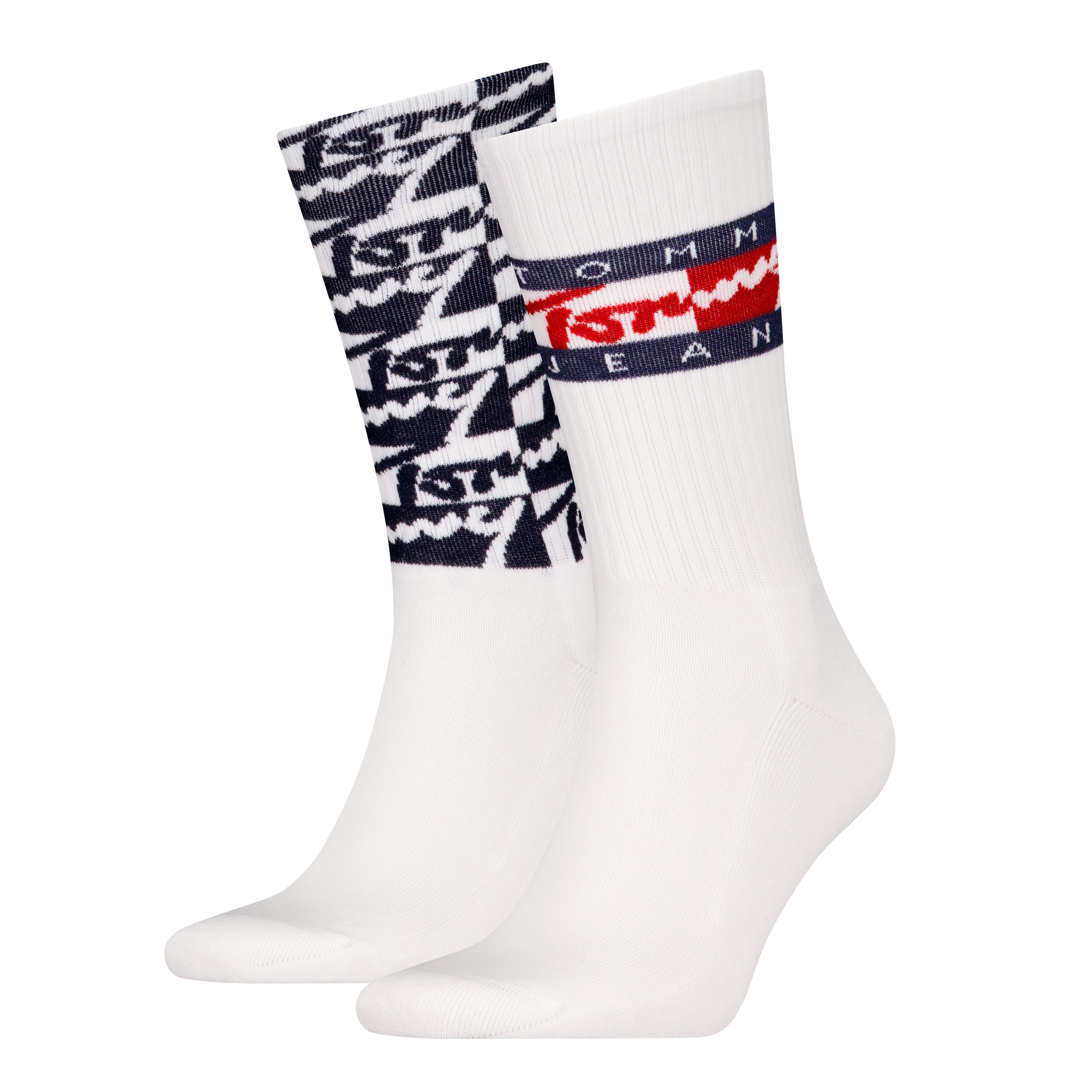 Tommy Hilfiger 2 Pack Trainer Graffiti Mens Crew Socks White, side view showcasing graffiti design and brand logo.