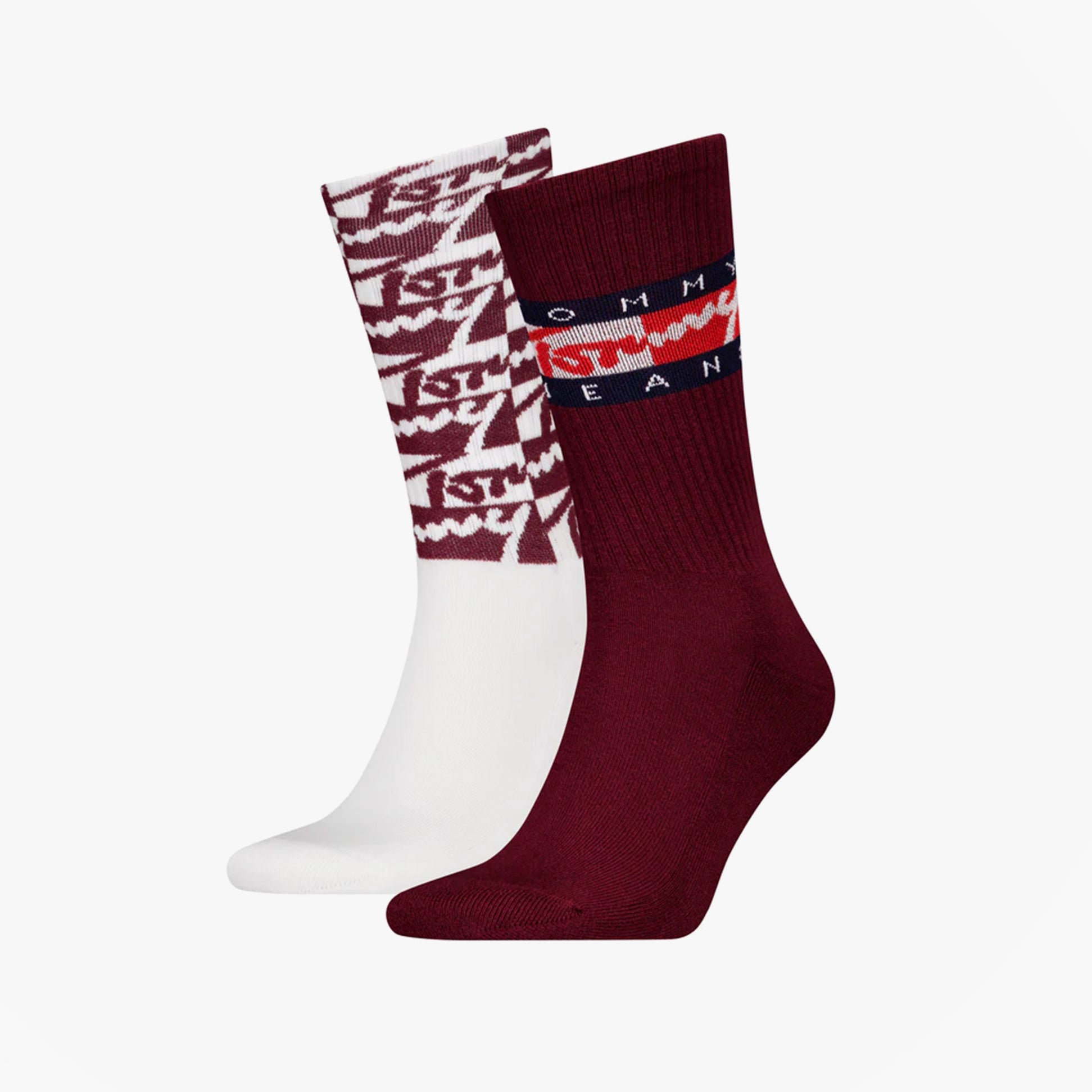 Tommy Hilfiger 2 Pack Trainer Graffiti Mens Crew Socks Red side view with graffiti pattern and solid burgundy sock.
