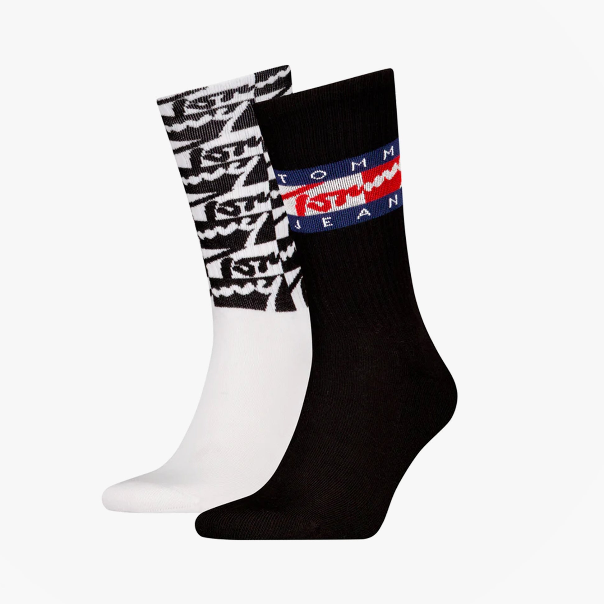 Tommy Hilfiger 2 Pack Trainer Graffiti Mens Crew Socks Black side view, featuring black and white sock designs.