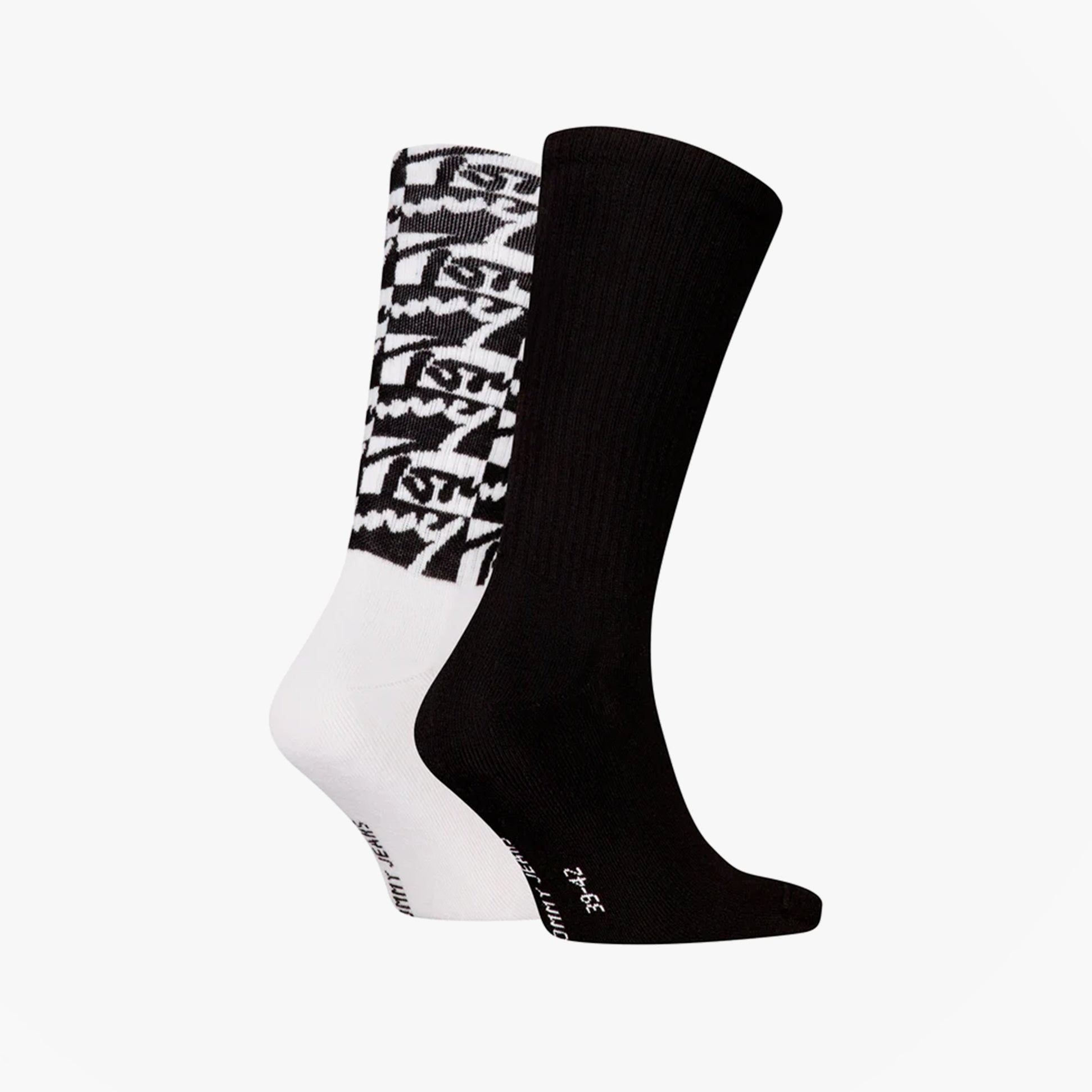 Tommy Hilfiger 2 Pack Trainer Graffiti Mens Crew Socks Black side view showcasing black and graffiti-patterned sock.