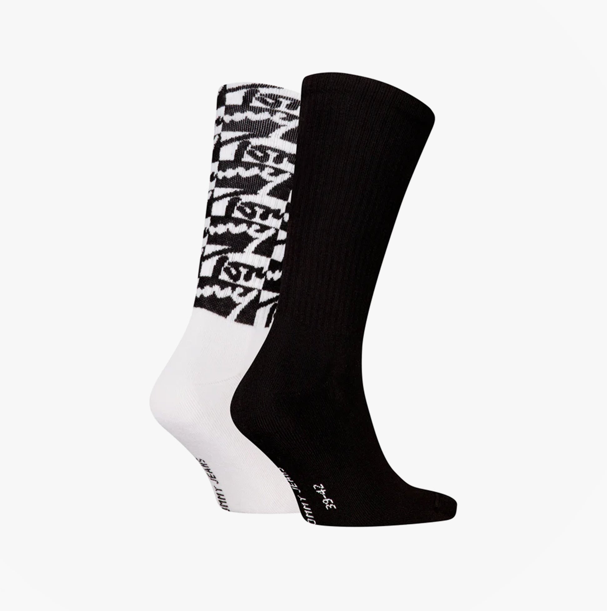 Tommy Hilfiger 2 Pack Trainer Graffiti Mens Crew Socks Black side view showcasing black and graffiti-patterned sock.