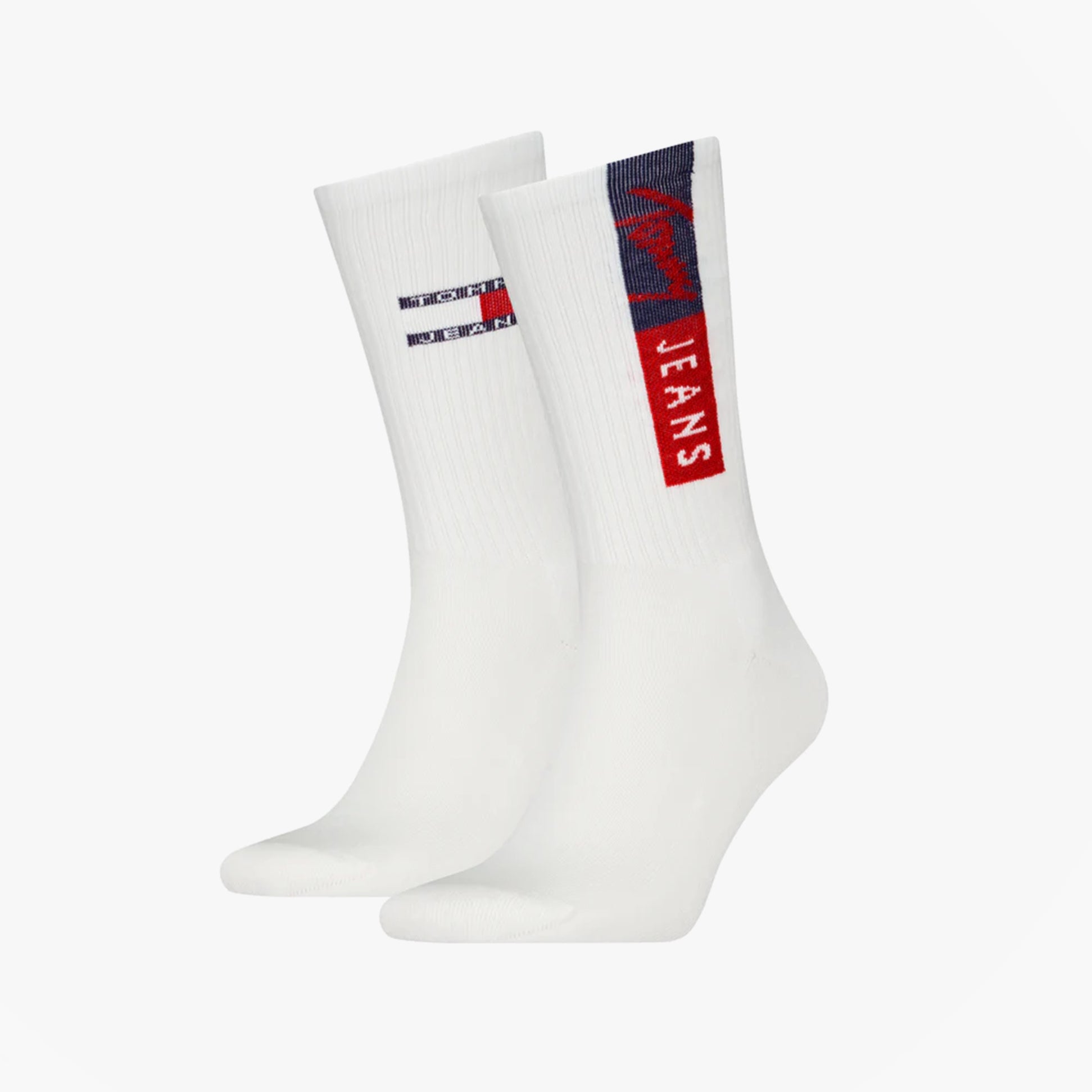 Tommy Hilfiger 2 Pack Flag Trainer Mens Crew Socks White, front view showcasing design and logo details.