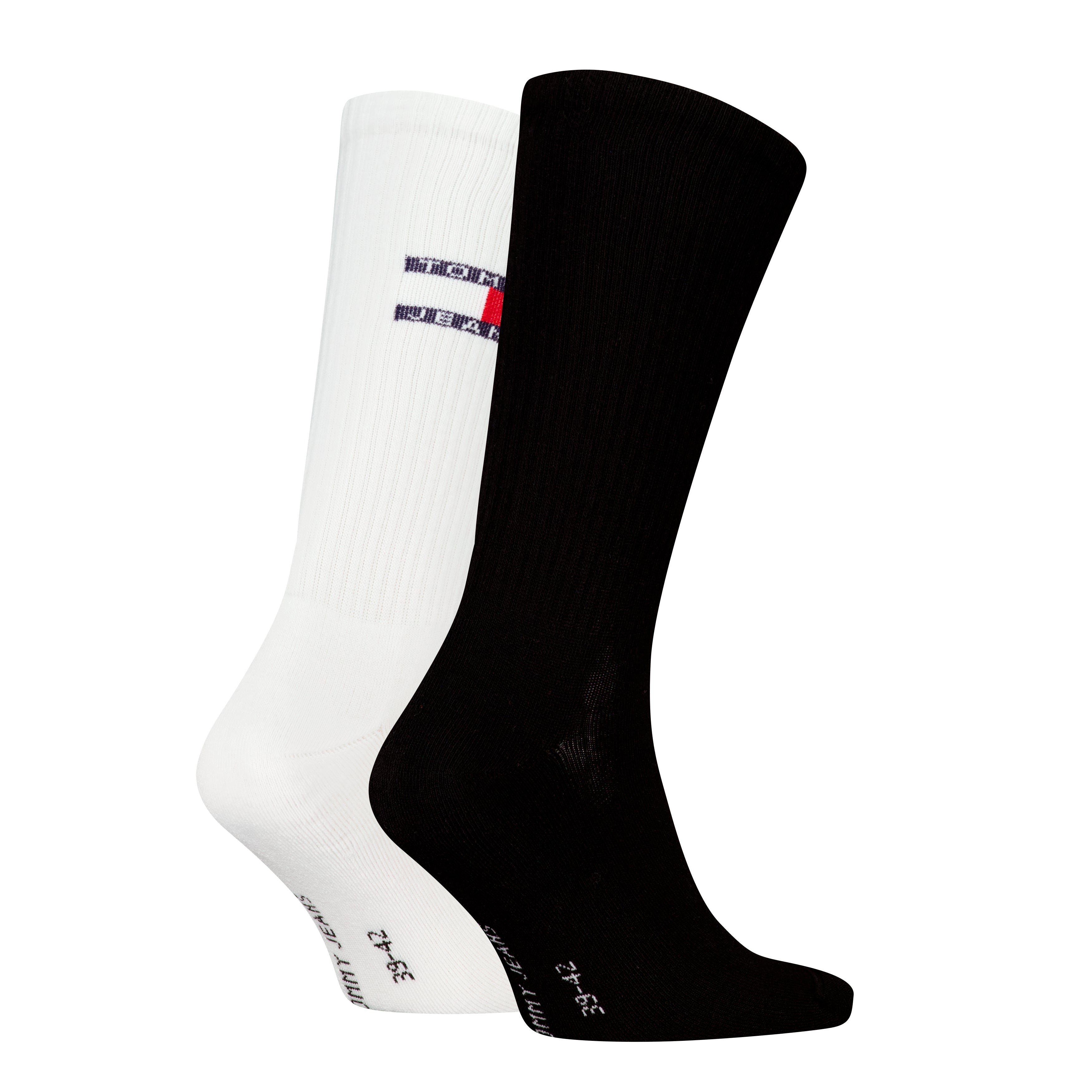 Tommy Hilfiger 2 Pack Flag Trainer Mens Crew Socks Black and white pair side view with logo details.