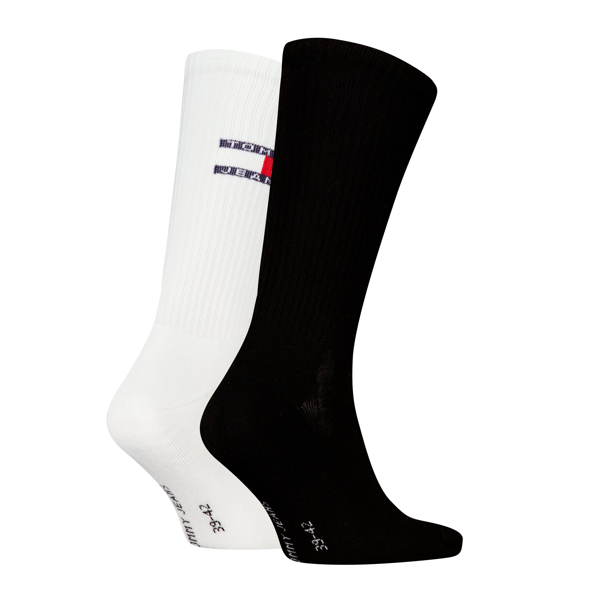Tommy Hilfiger 2 Pack Flag Trainer Mens Crew Socks Black and white pair side view with logo details.