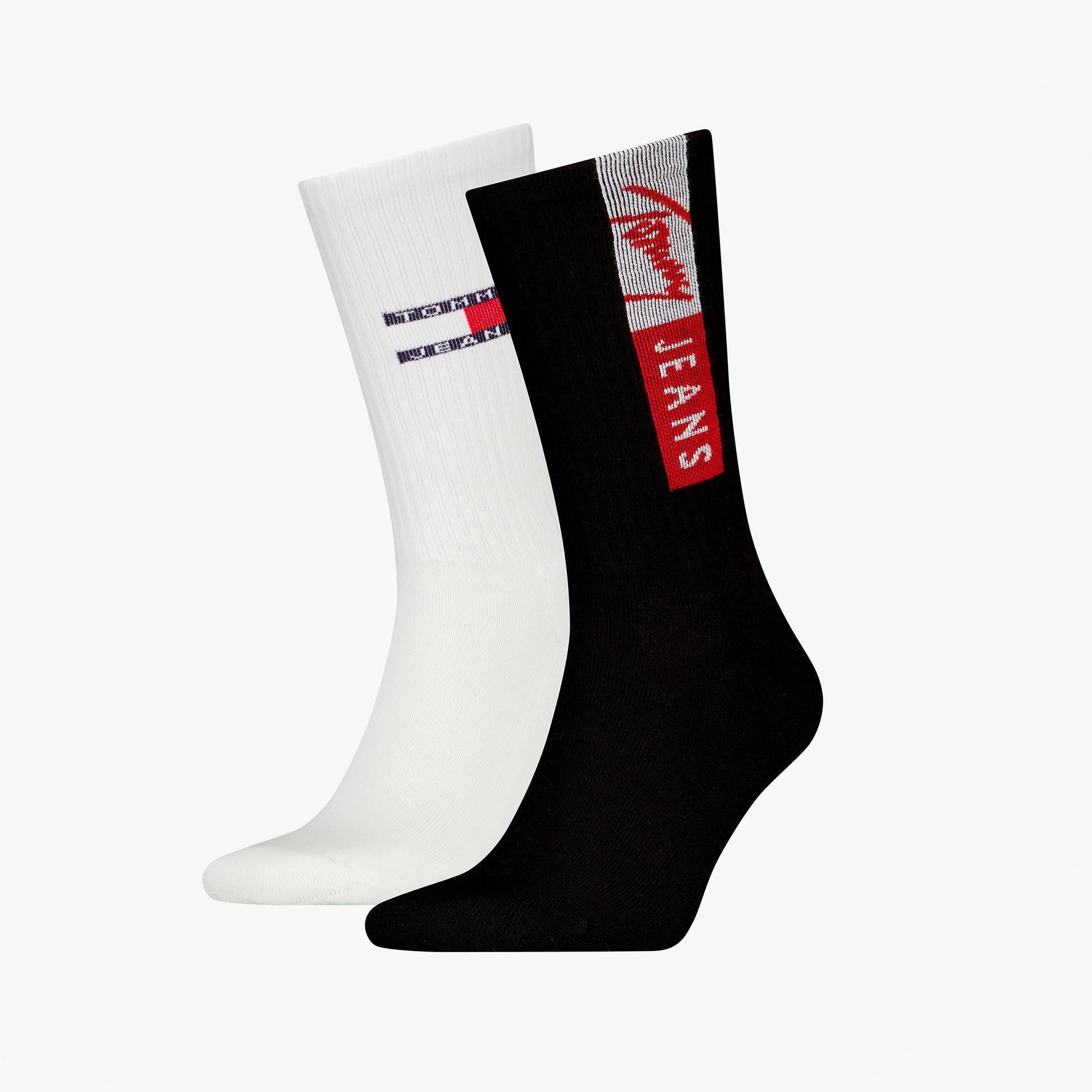 Tommy Hilfiger 2 Pack Flag Trainer Mens Crew Socks Black side view on white background.