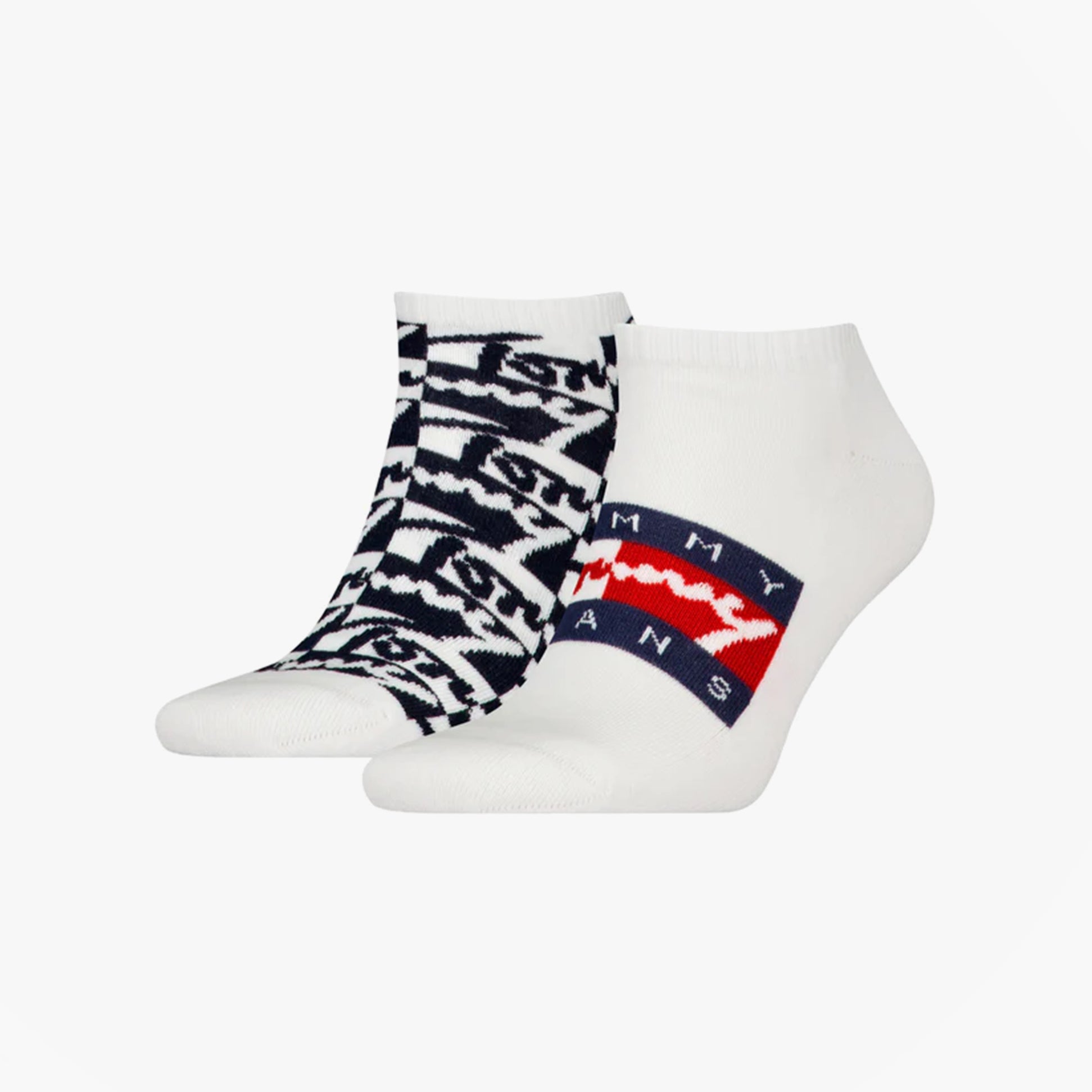 Tommy Hilfiger 2 Pack Trainer Graffiti Mens Ankle Socks White side view showcasing two different sock designs.
