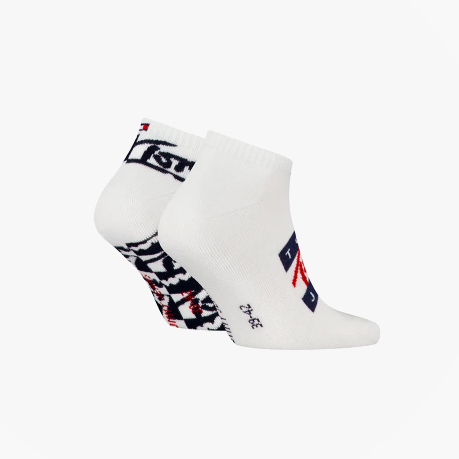 Tommy Hilfiger 2 Pack Trainer Graffiti Mens Ankle Socks White side view showing graffiti design and logo.