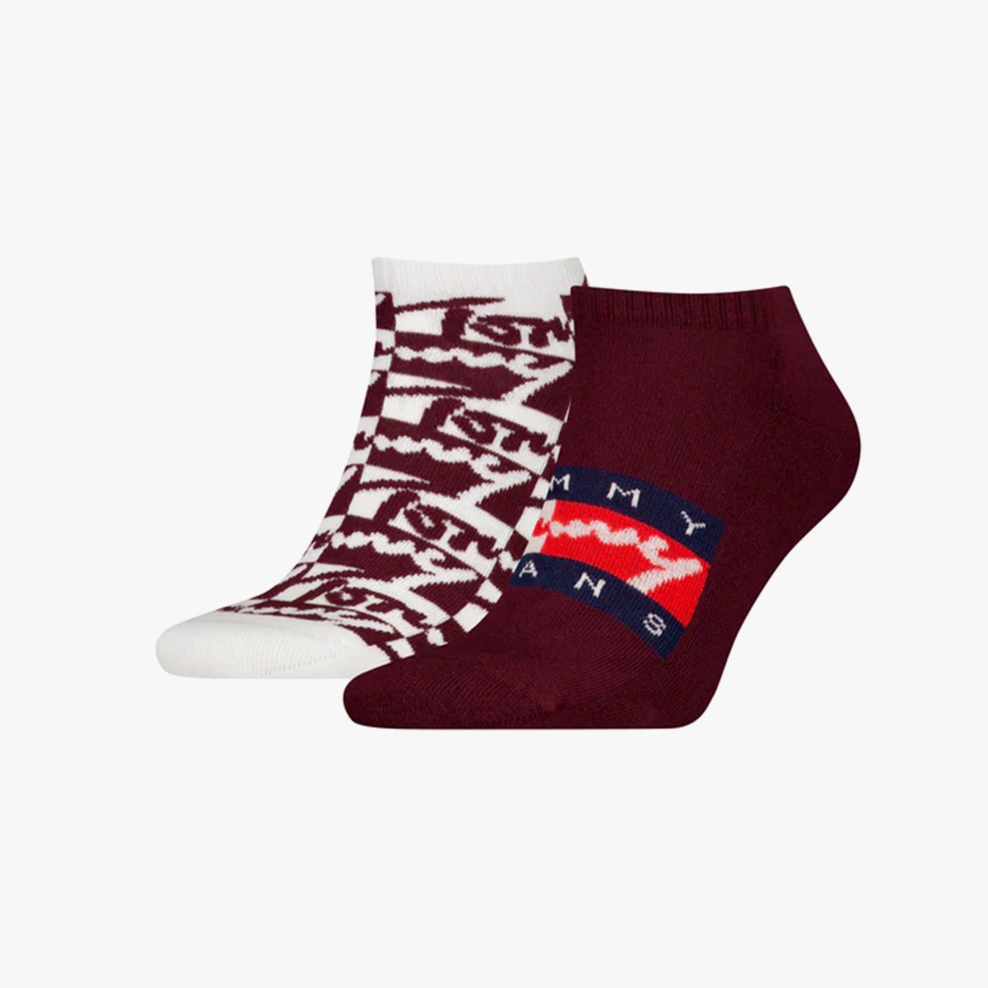 Tommy Hilfiger 2 Pack Trainer Graffiti Mens Ankle Socks Red side view showcasing red and patterned designs.