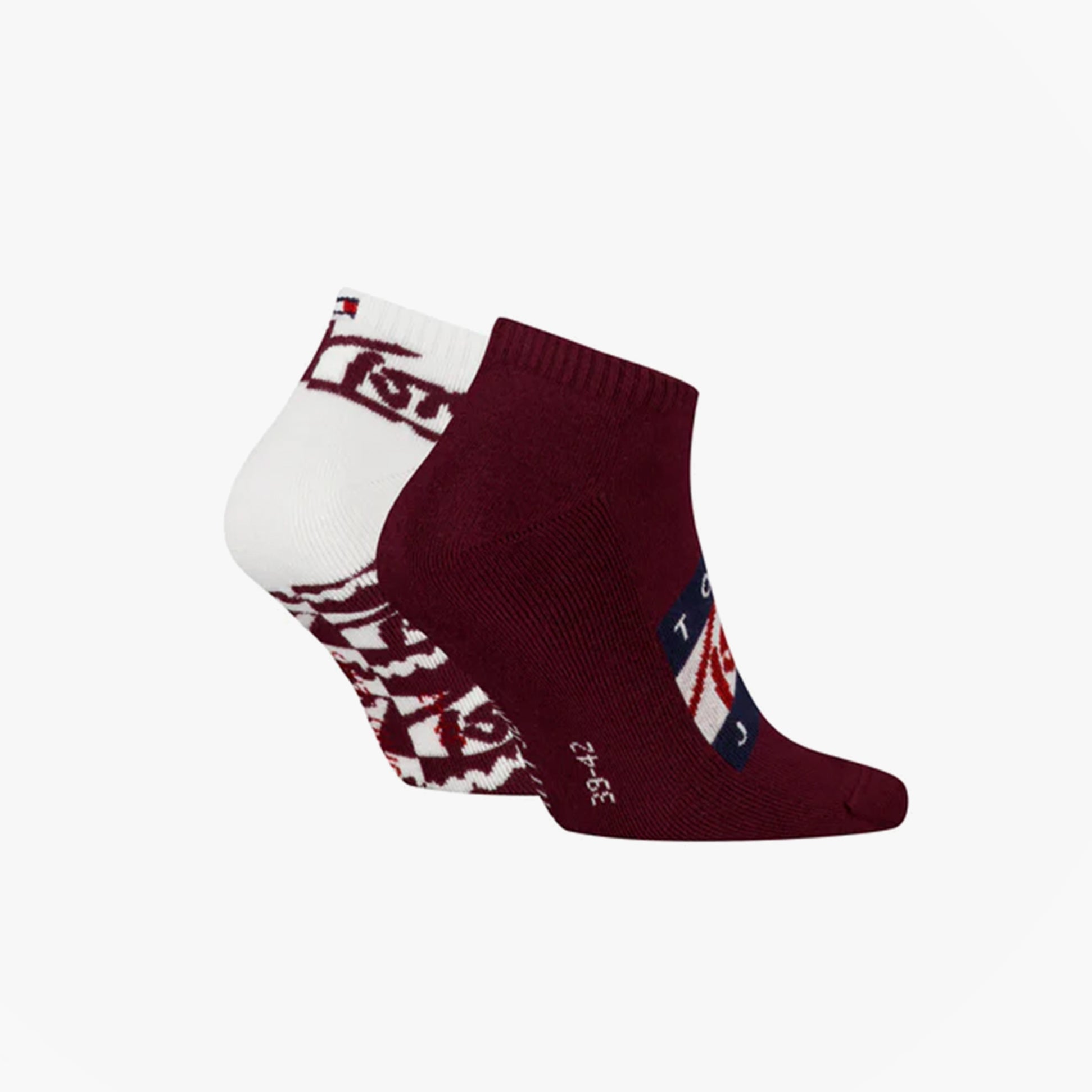 Tommy Hilfiger 2 Pack Trainer Graffiti Mens Ankle Socks Red side view showing two pairs, one red and one with graffiti design.