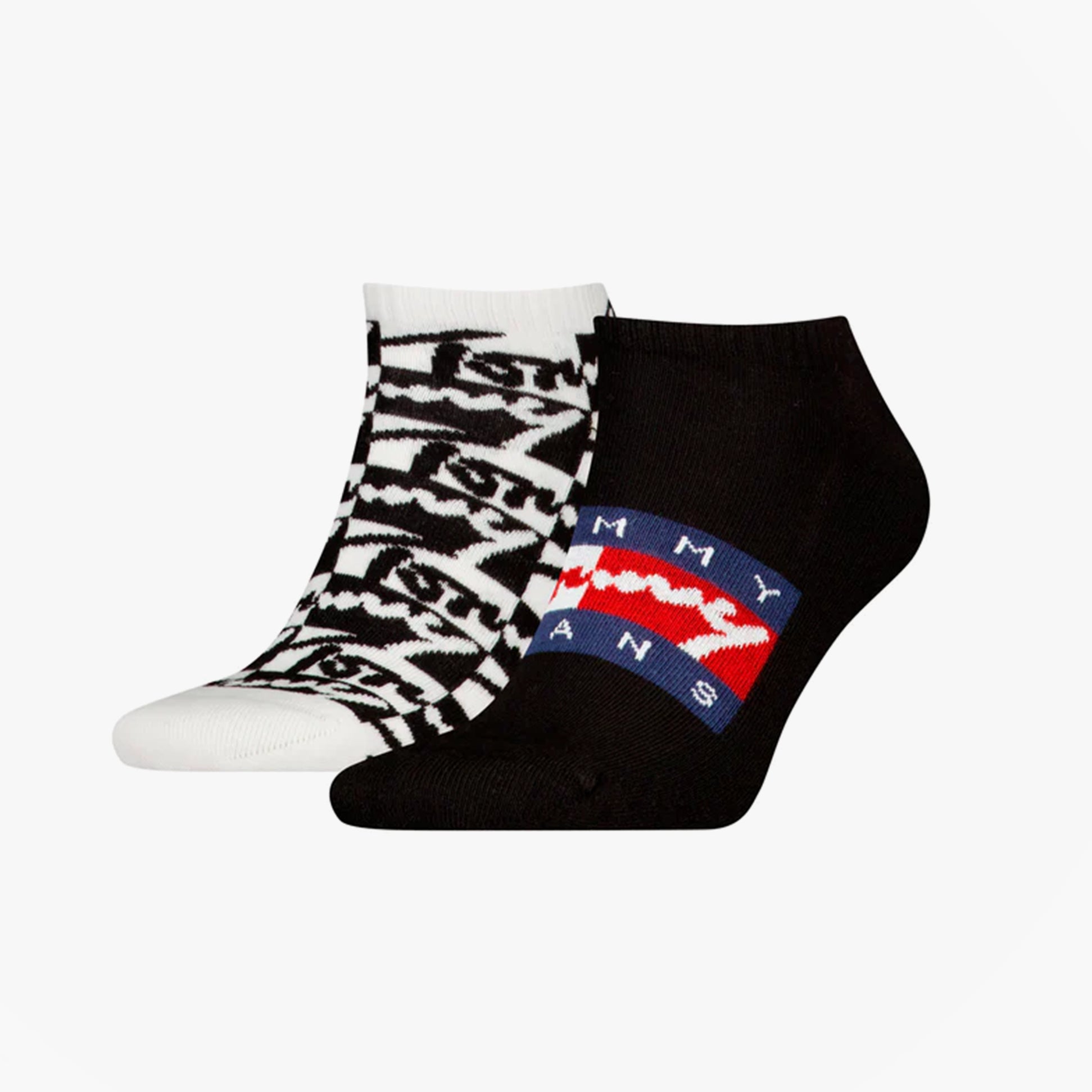 Tommy Hilfiger 2 Pack Trainer Graffiti Mens Ankle Socks Black side view featuring black and white designs.