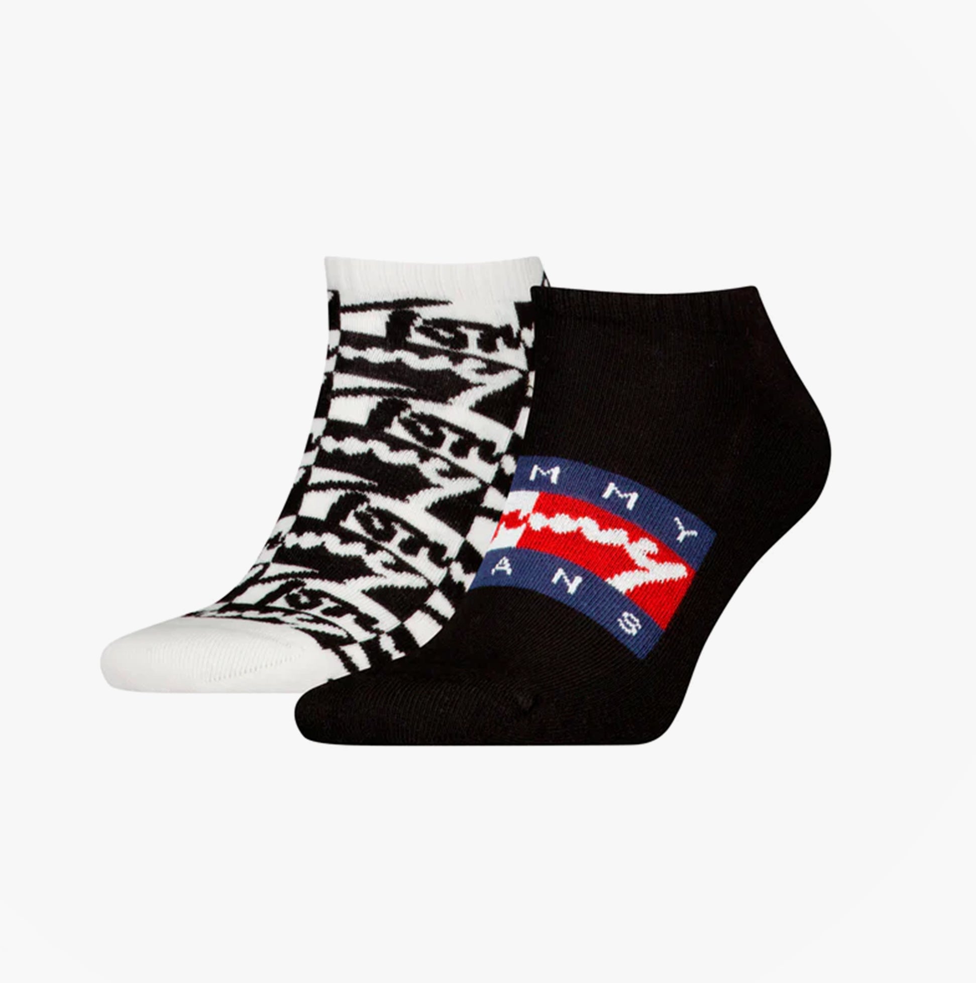 Tommy Hilfiger 2 Pack Trainer Graffiti Mens Ankle Socks Black side view featuring black and white designs.