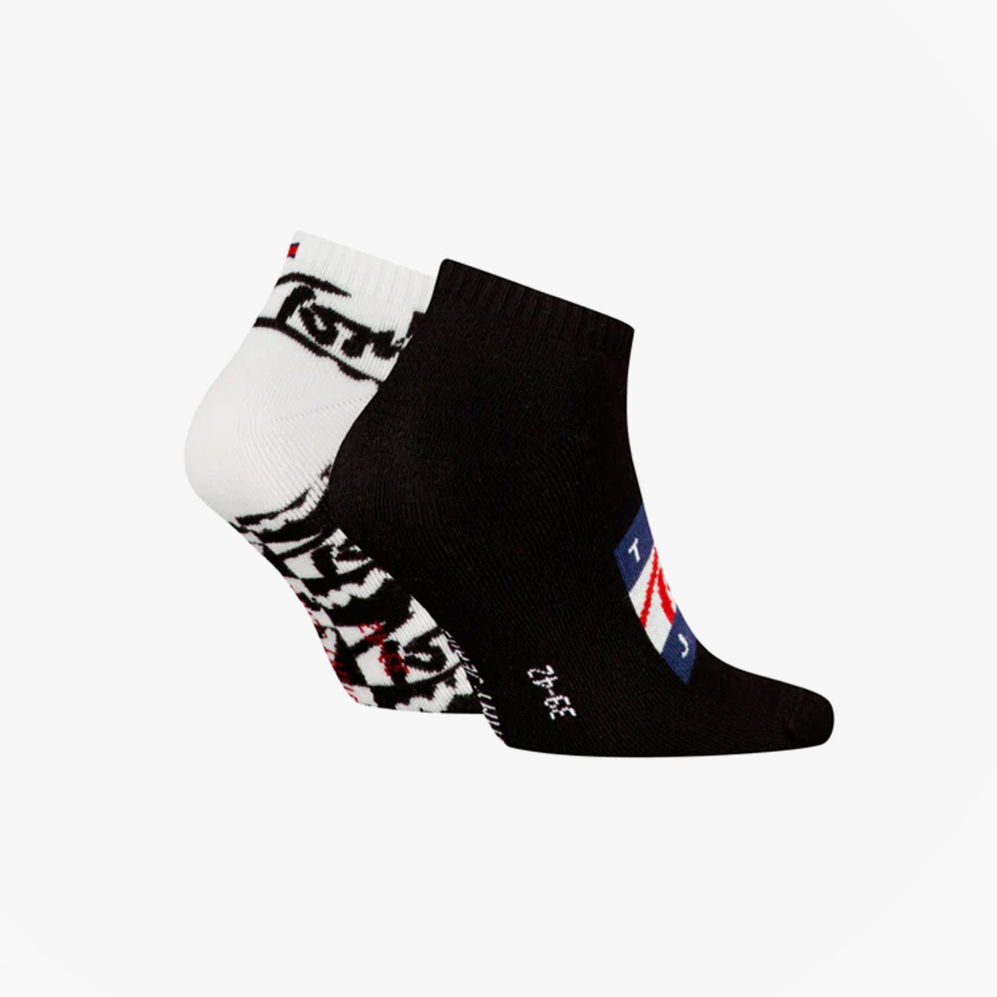 Tommy Hilfiger 2 Pack Trainer Graffiti Mens Ankle Socks Black side view showing black and white designs