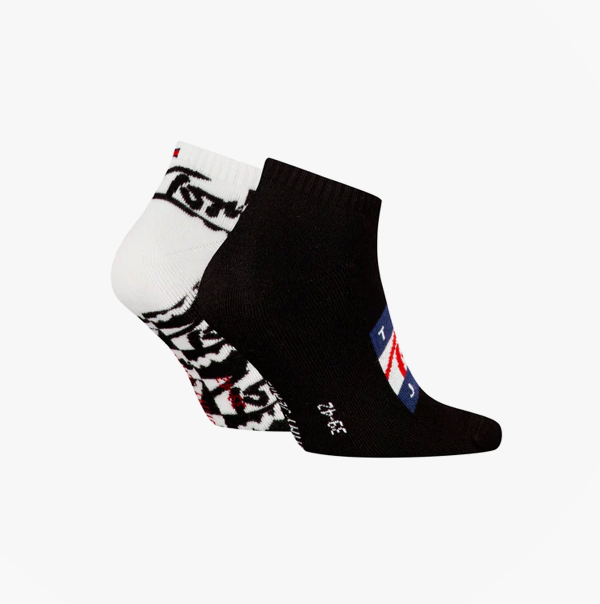 Tommy Hilfiger 2 Pack Trainer Graffiti Mens Ankle Socks Black side view showing black and white designs