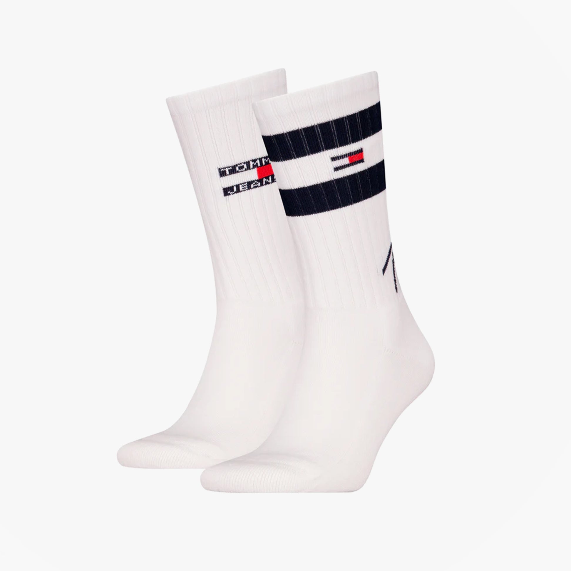 Tommy Hilfiger 2 Pack Trainer Signature Mens Crew Socks White front view showing logo and ribbed design.
