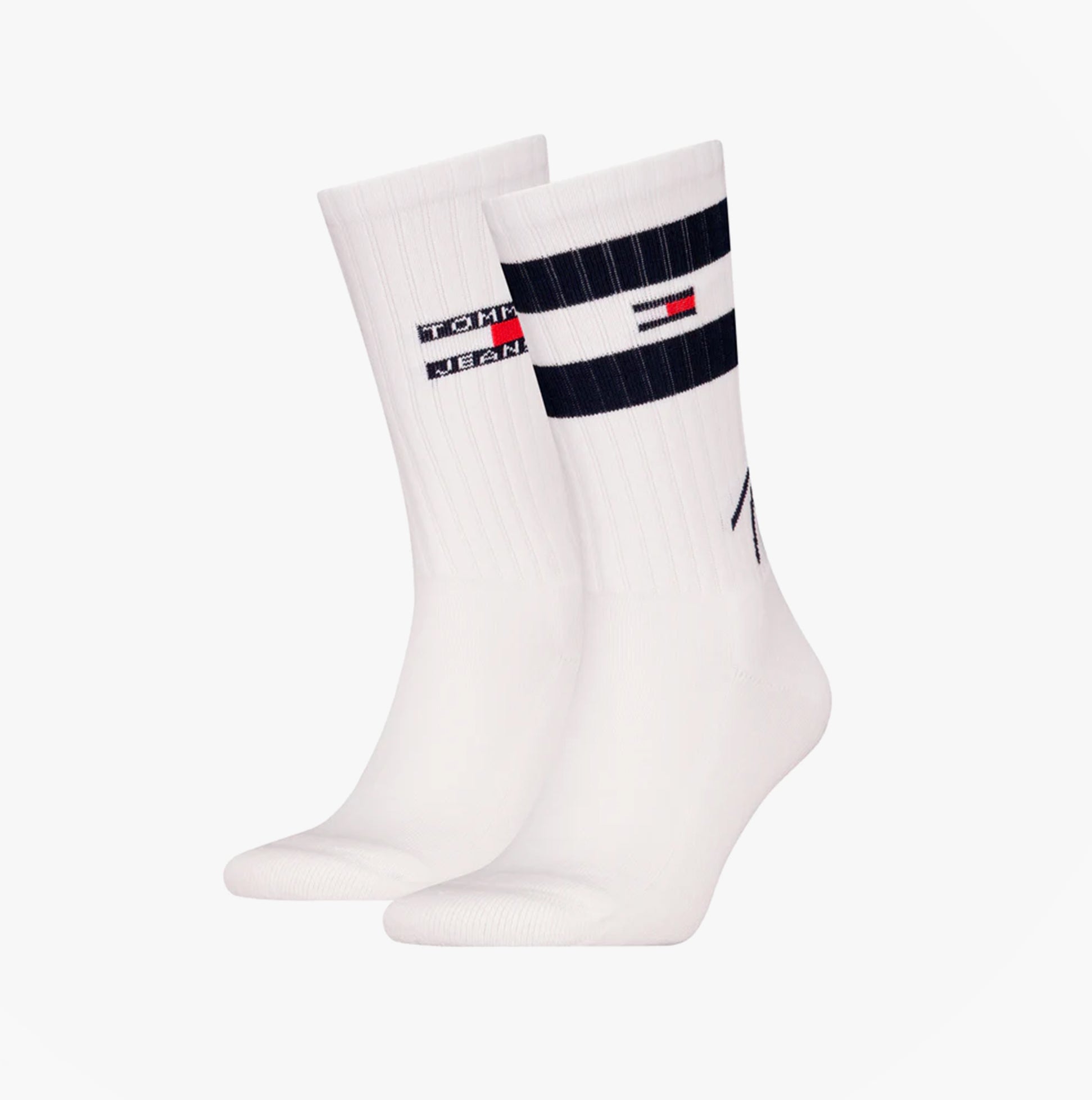 Tommy Hilfiger 2 Pack Trainer Signature Mens Crew Socks White front view showing logo and ribbed design.