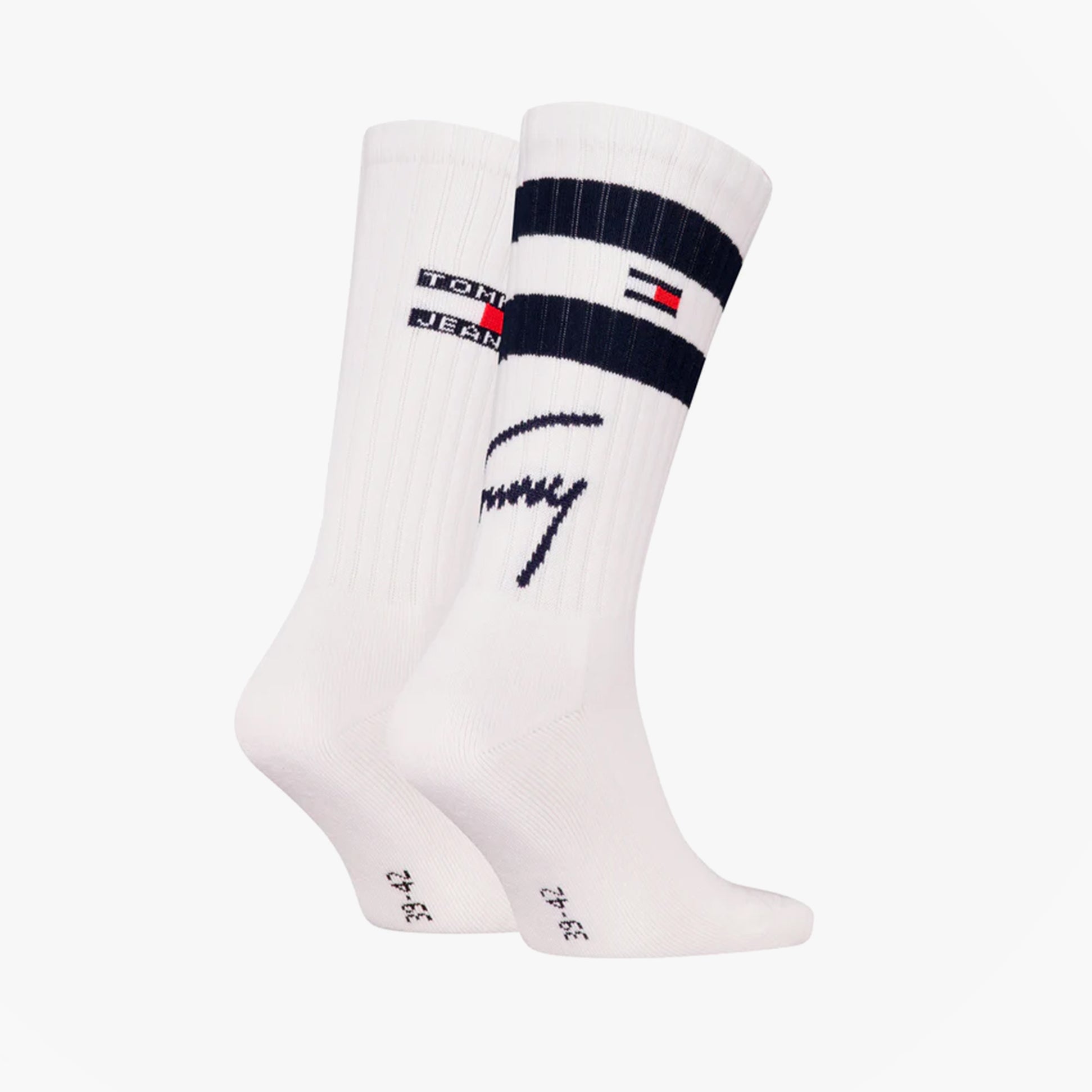 Tommy Hilfiger 2 Pack Trainer Signature Mens Crew Socks White showing side and front views on a white background.