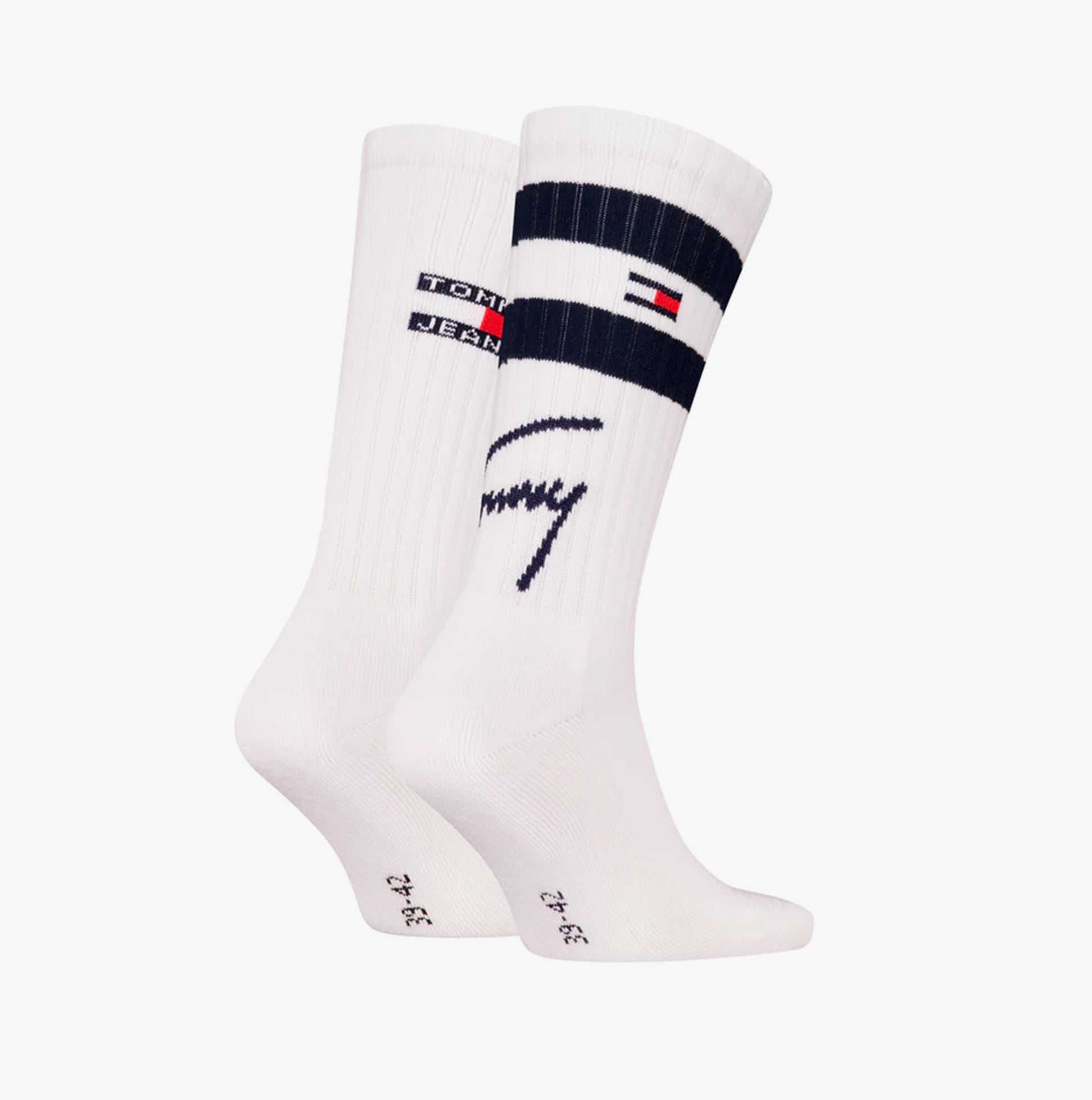 Tommy Hilfiger 2 Pack Trainer Signature Mens Crew Socks White showing side and front views on a white background.