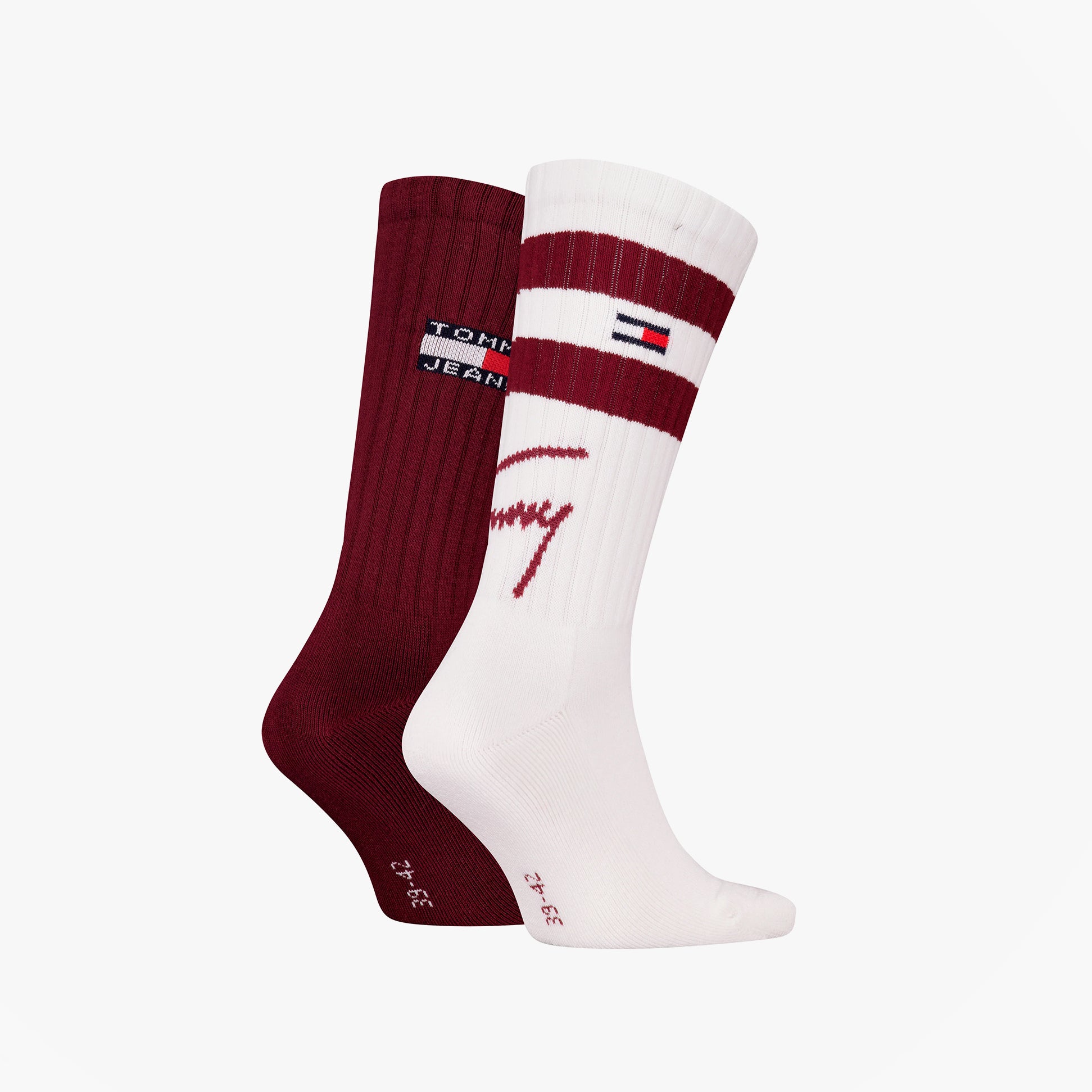 Tommy Hilfiger 2 Pack Trainer Signature Mens Crew Socks Red side view showcasing red and white striped designs.