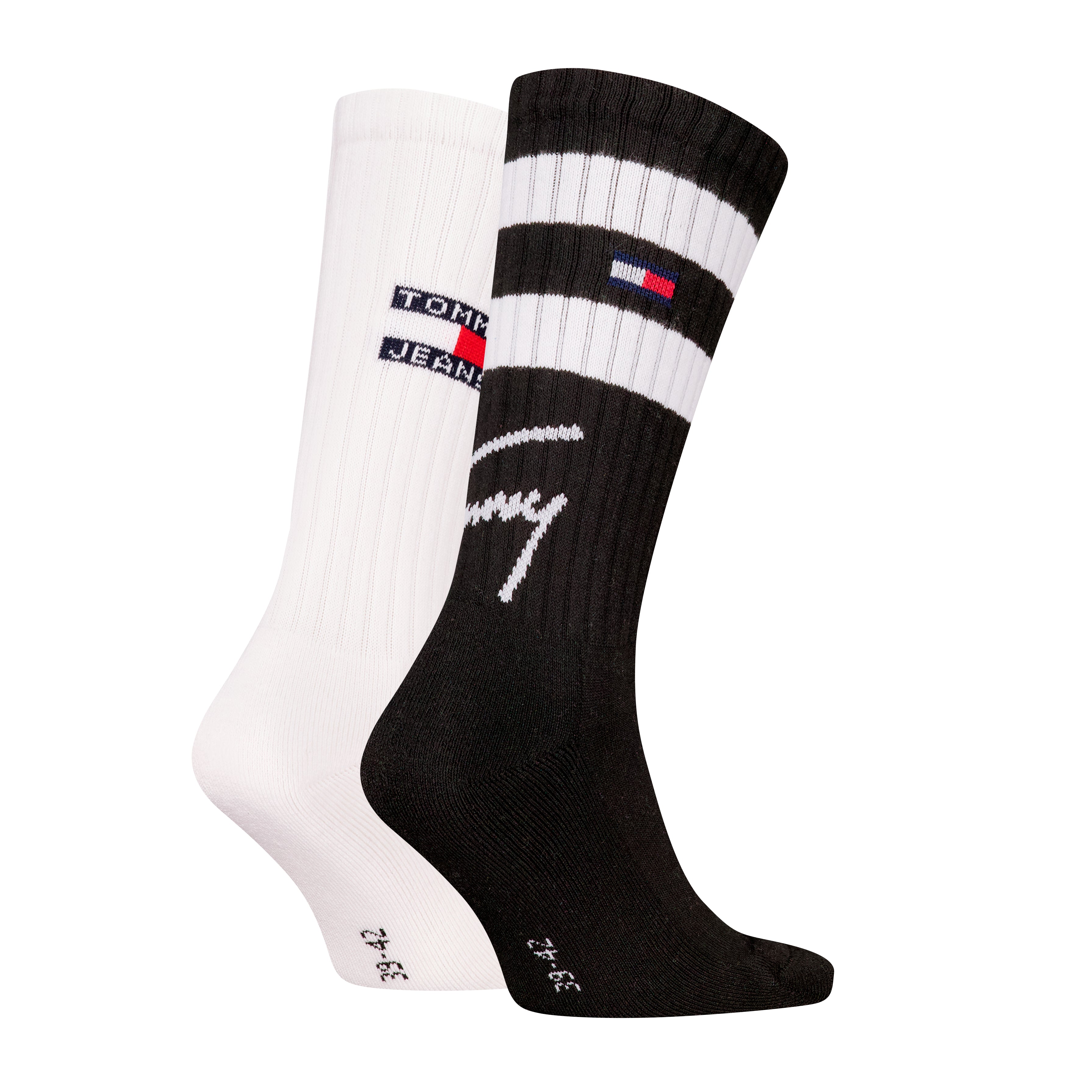 Tommy Hilfiger 2 Pack Trainer Signature Mens Crew Socks Black, side view showcasing black and white sock designs.