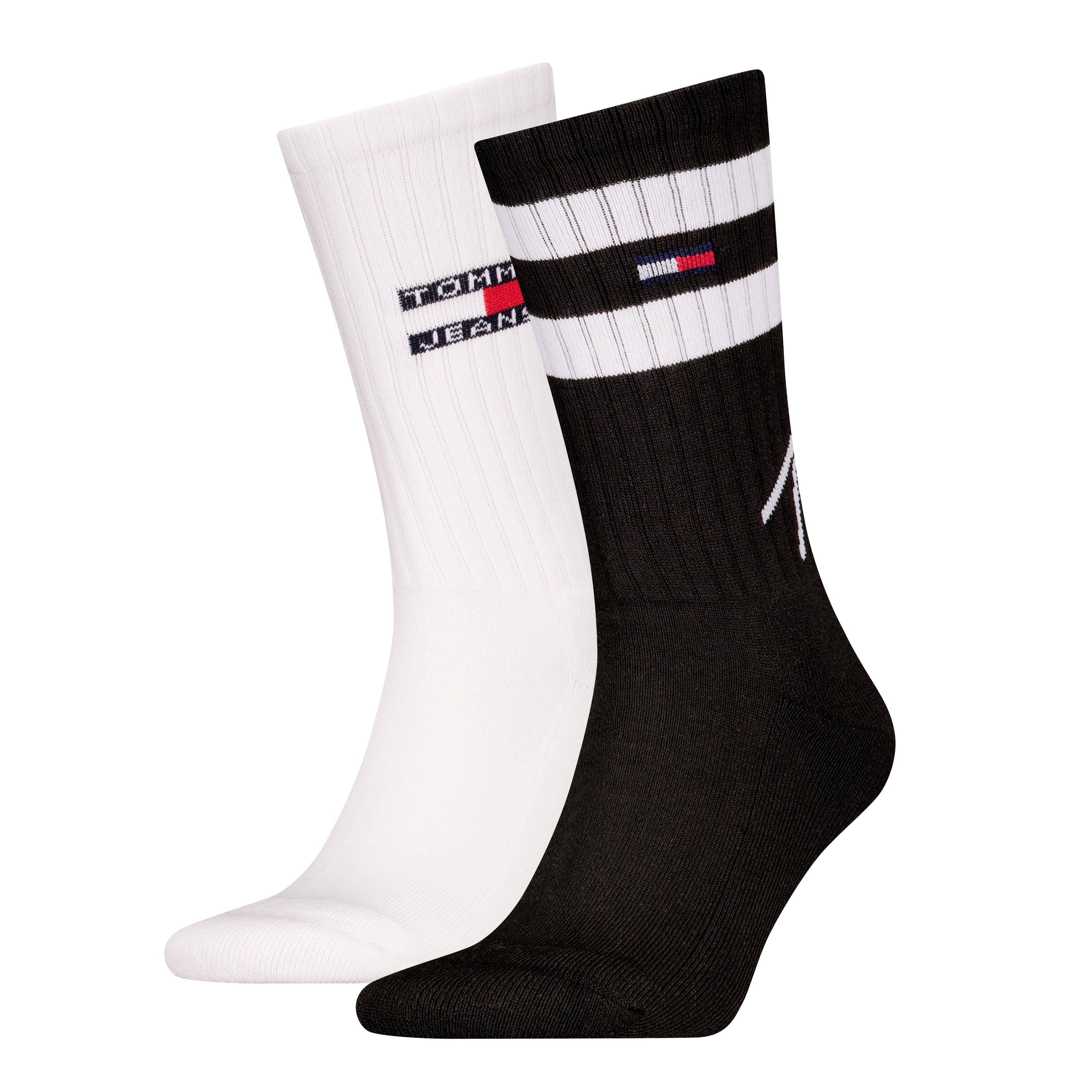 Tommy Hilfiger 2 Pack Trainer Signature Mens Crew Socks Black and White, front view showcasing design and colors.
