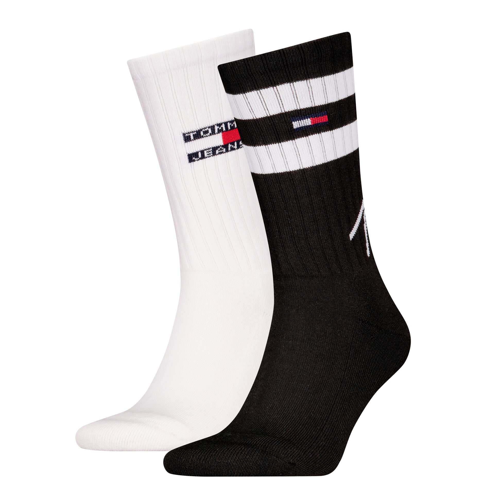 Tommy Hilfiger 2 Pack Trainer Signature Mens Crew Socks Black and White, front view showcasing design and colors.