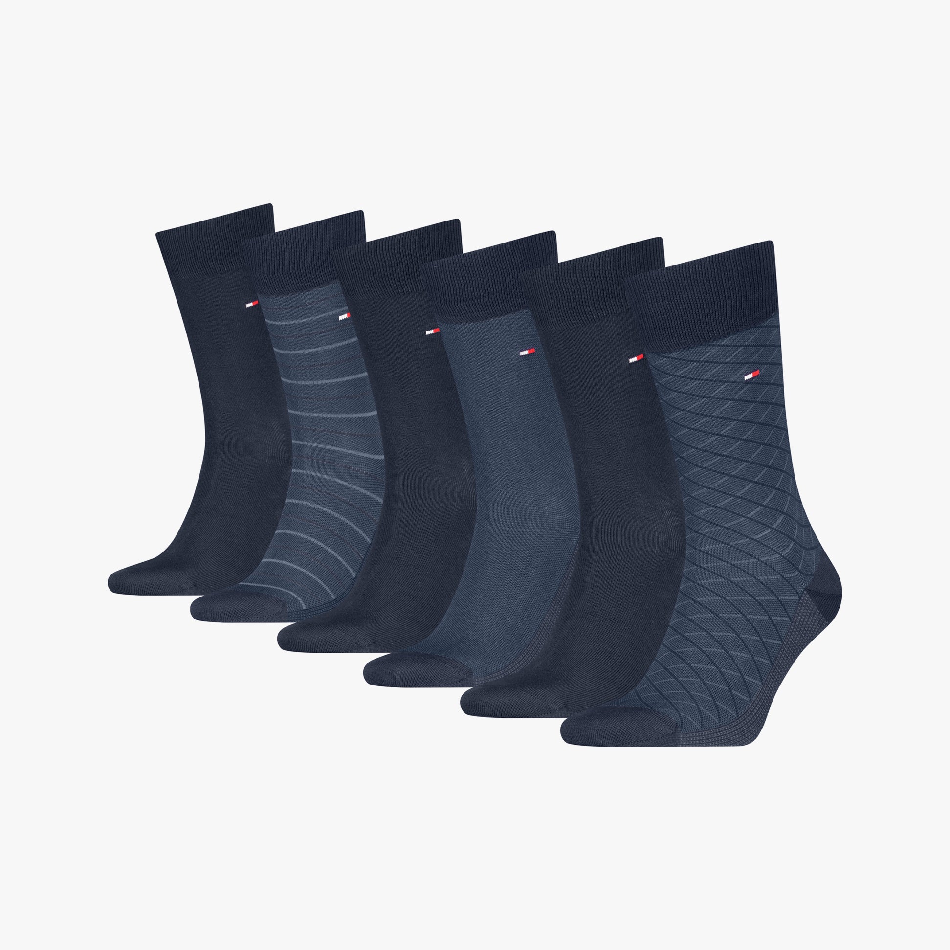 Tommy Hilfiger 6 Pack Giftbox Birdey Mens Socks Navy showing assorted navy socks including patterned and solid designs.