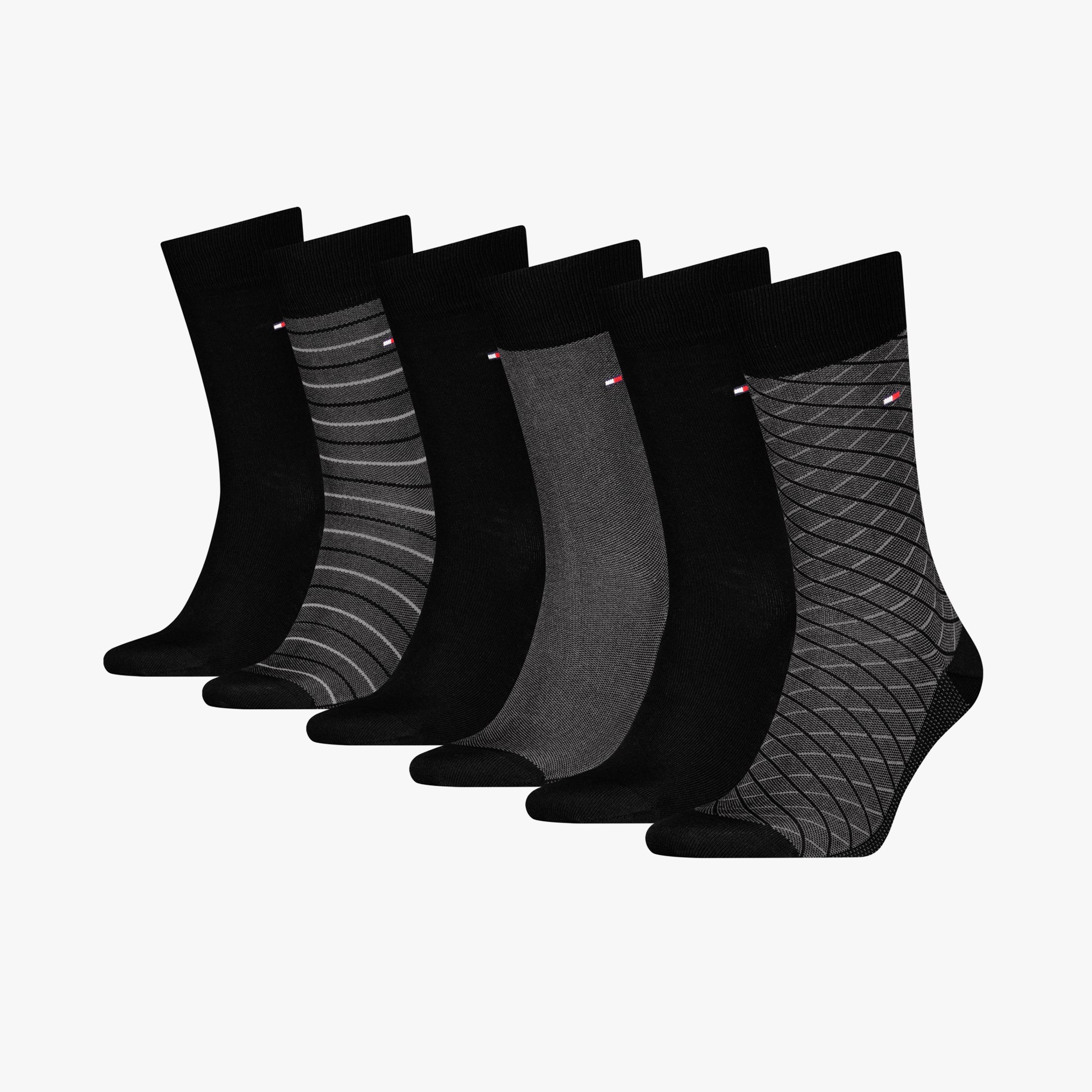 Tommy Hilfiger 6 Pack Giftbox Birdey Mens Socks Black - front view showcasing different designs in black and grey.