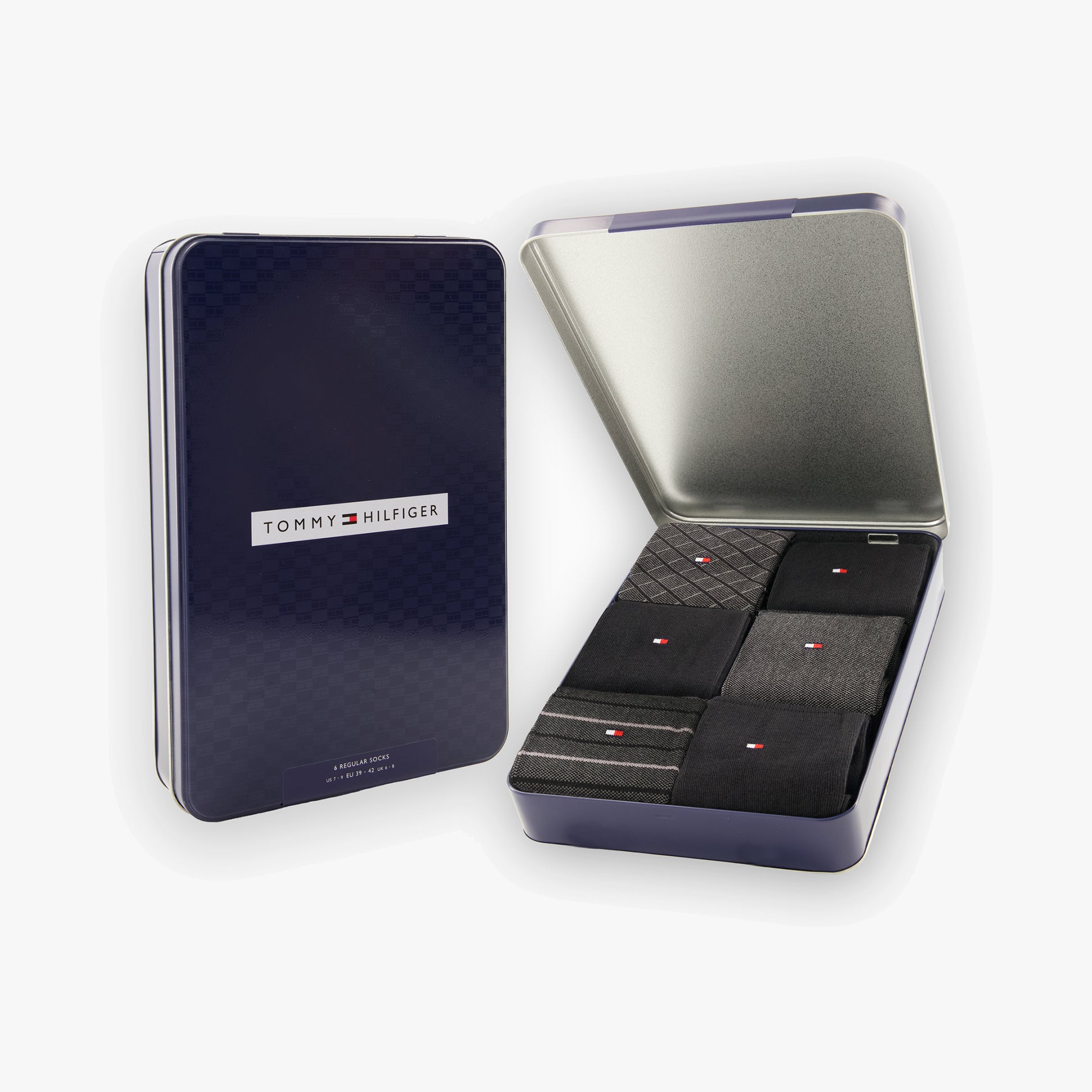 Tommy Hilfiger 6 Pack Giftbox Birdey Mens Socks Black in a gift box, showing the stylish assortment of black crew socks.