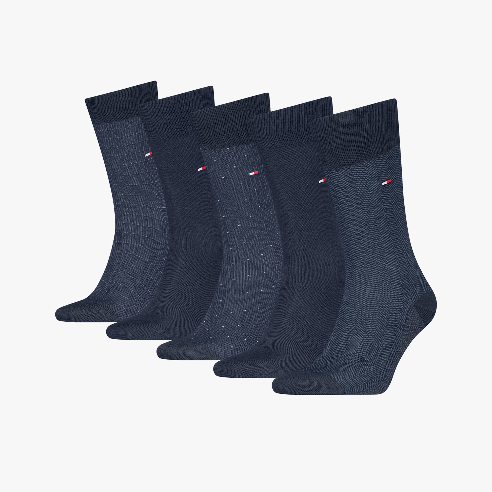 Tommy Hilfiger 5 Pack Giftbox Herringbone Mens Socks Navy displayed in a front view with assorted herringbone patterns.