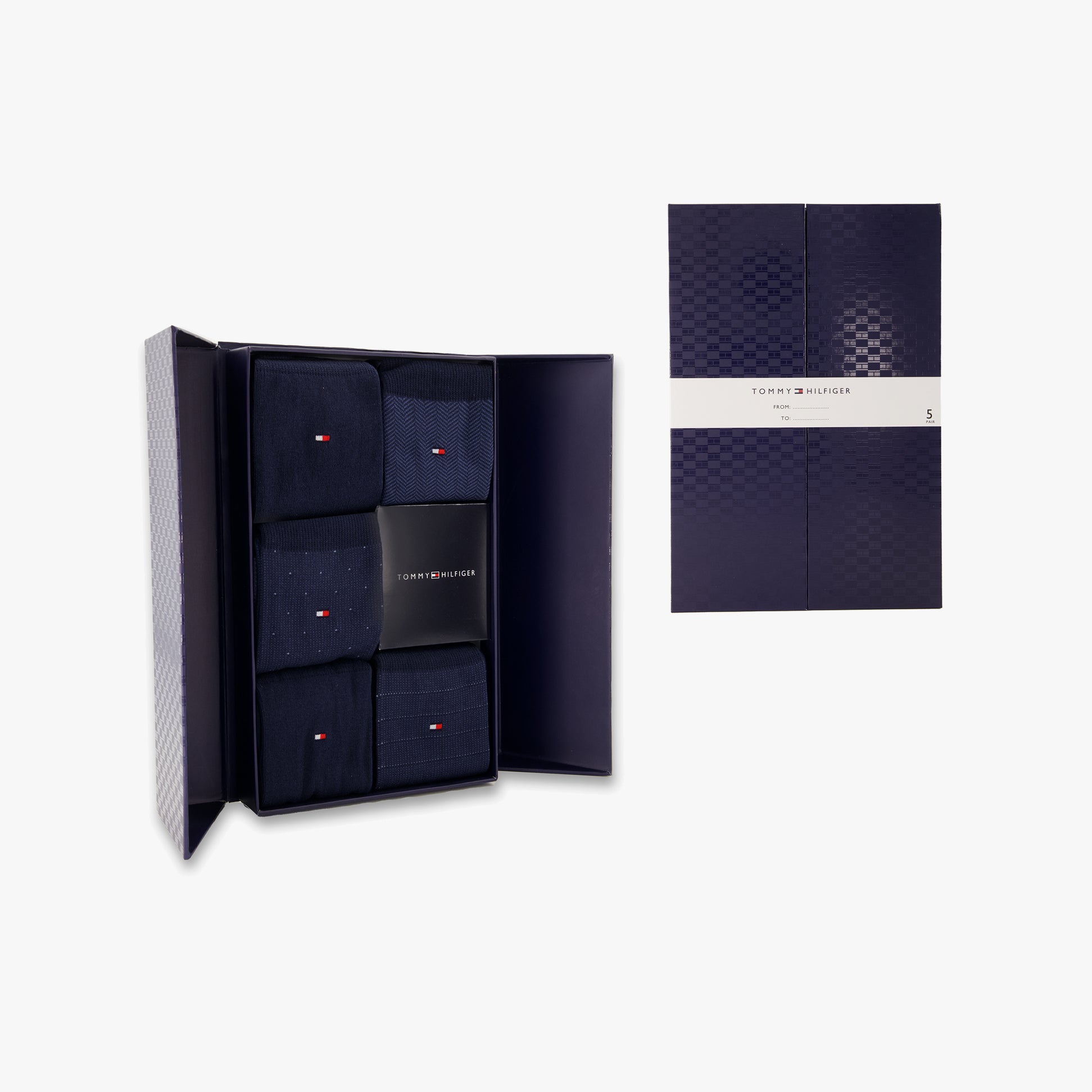 Tommy Hilfiger 5 Pack Giftbox Herringbone Mens Socks Navy in a gift box, showing the navy color and herringbone pattern.