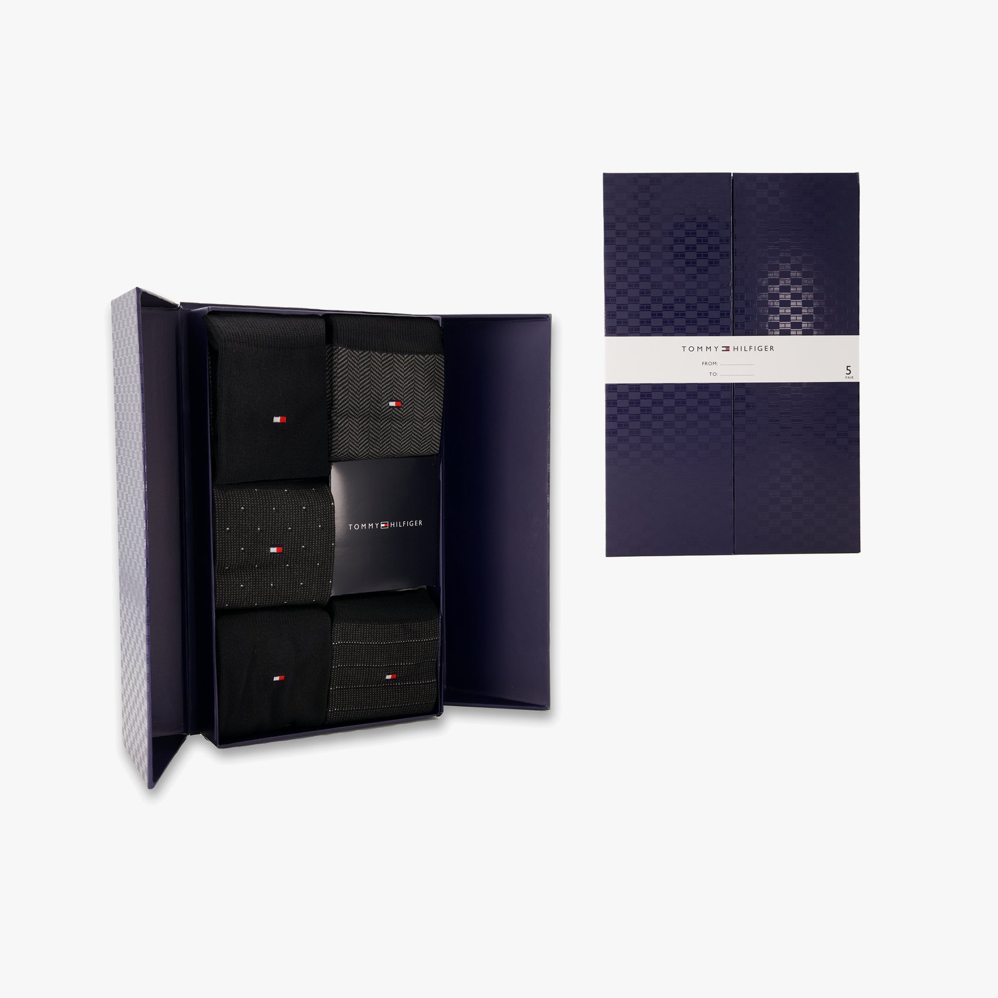 Tommy Hilfiger 5 Pack Giftbox Herringbone Mens Socks Black in a gift box, showcasing various designs of black crew socks.