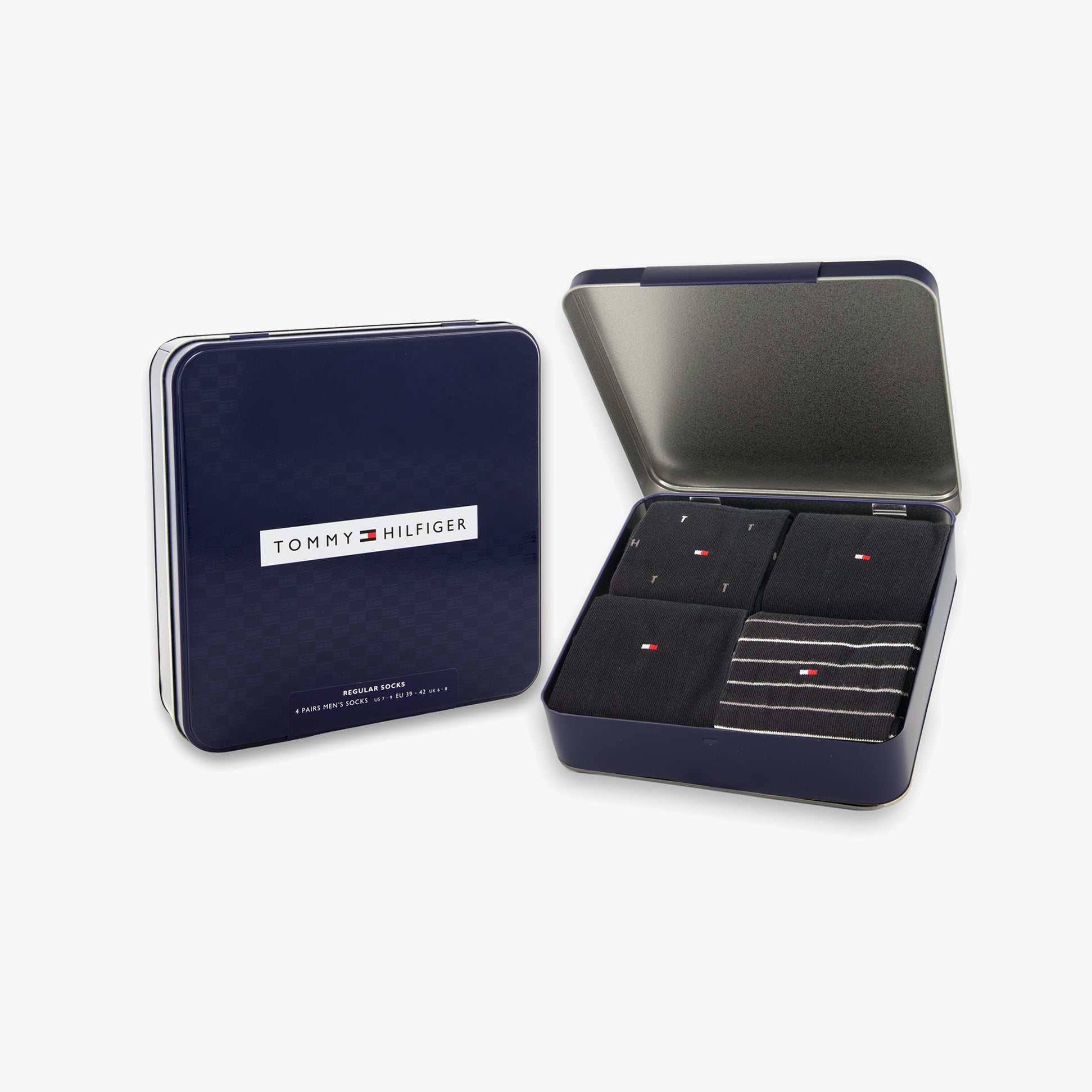 Tommy Hilfiger 4 Pack Giftbox Mens Socks Black in a stylish gift box, showcasing black and striped crew socks.