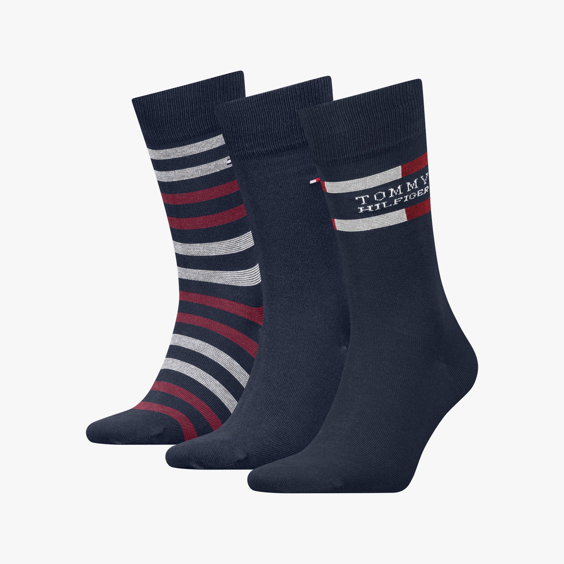Tommy Hilfiger 3 Pack Giftbox Tommy Stripe Mens Socks Navy displayed in a front view, showcasing the striped and solid designs.