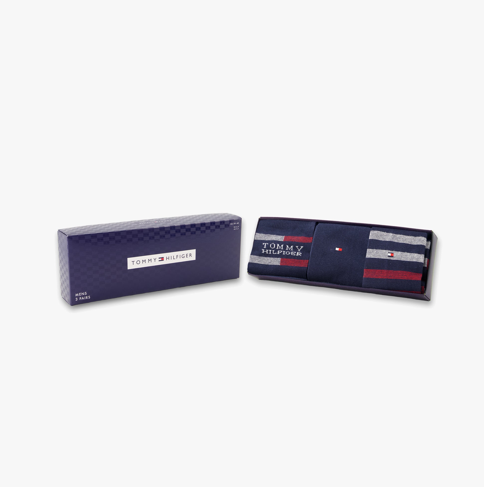 Tommy Hilfiger 3 Pack Giftbox Tommy Stripe Mens Socks Navy displayed in an opened gift box, showcasing the striped and solid designs.