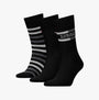 Tommy Hilfiger 3 Pack Giftbox Tommy Stripe Mens Socks Black, crew socks displayed front view, featuring striped and plain black designs.