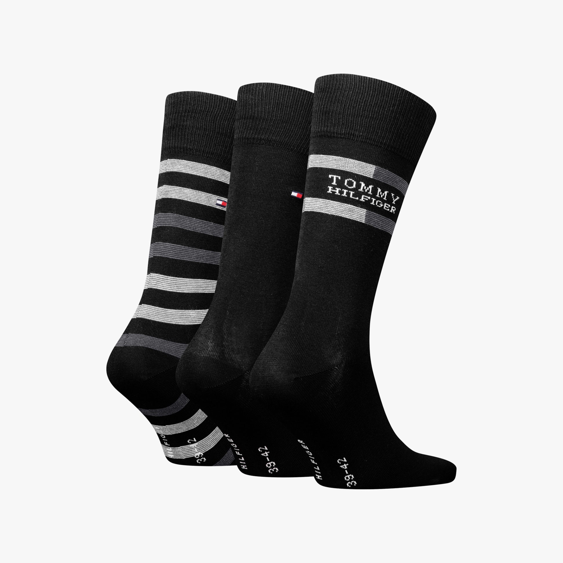 Tommy Hilfiger 3 Pack Giftbox Tommy Stripe Mens Socks Black side view of three pairs of crew socks in black and striped design.