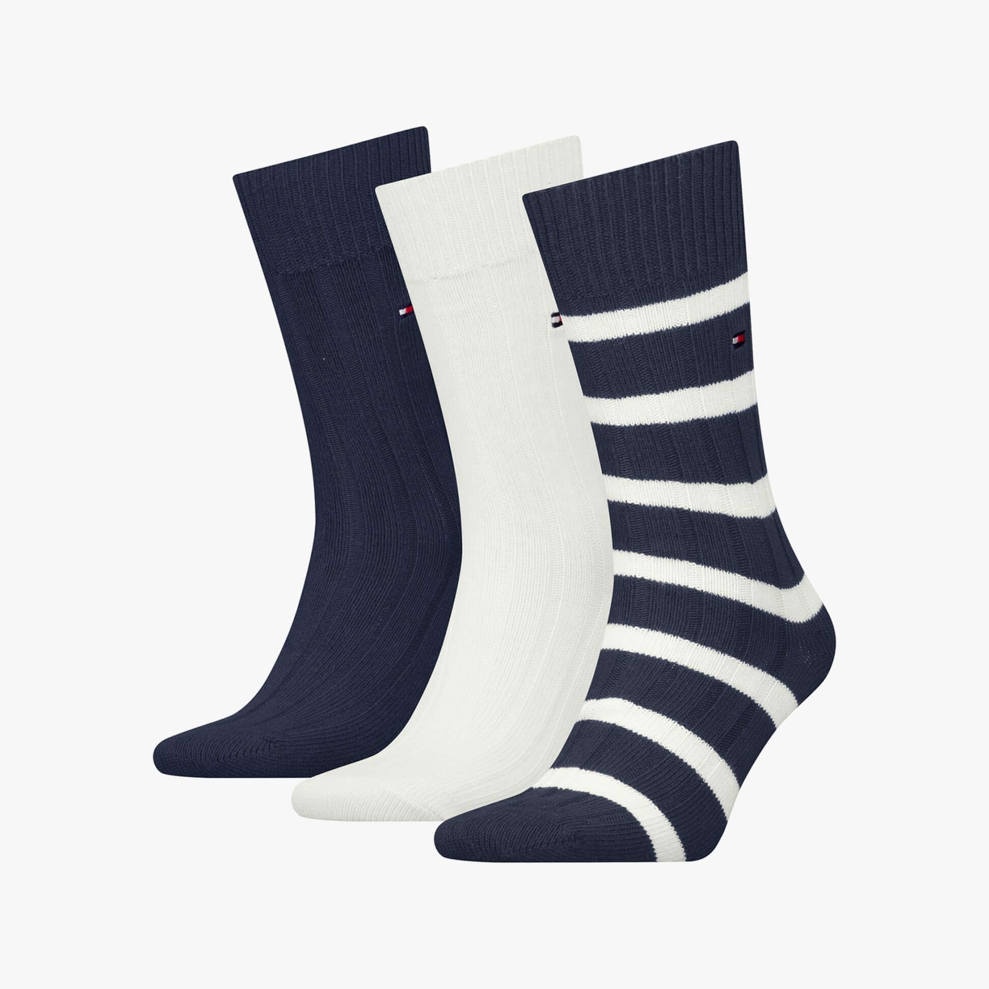 Tommy Hilfiger 3 Pack Giftbox Bootsock Mens Socks Navy featuring crew socks in navy, white, and striped design.