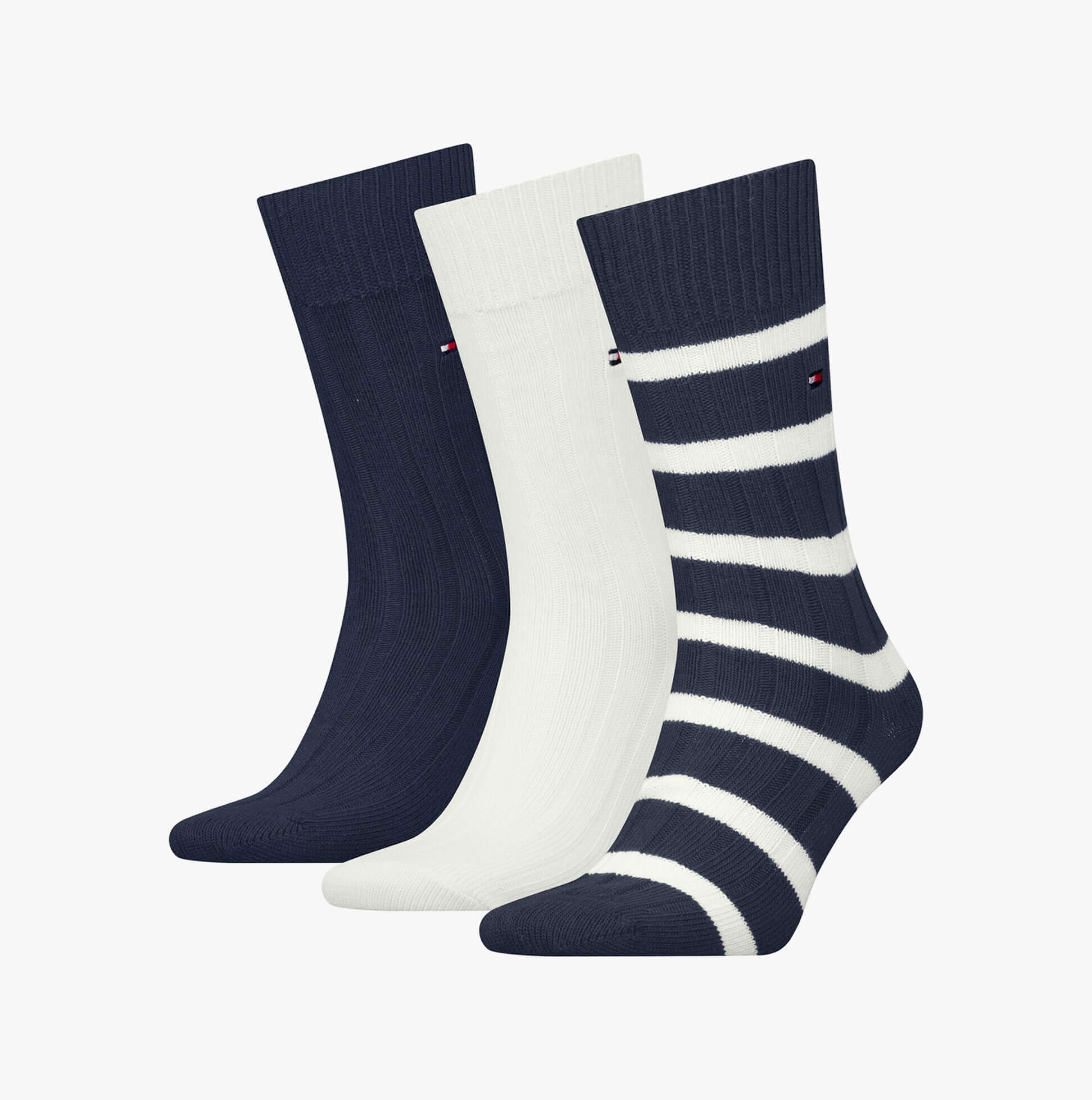 Tommy Hilfiger 3 Pack Giftbox Bootsock Mens Socks Navy featuring crew socks in navy, white, and striped design.