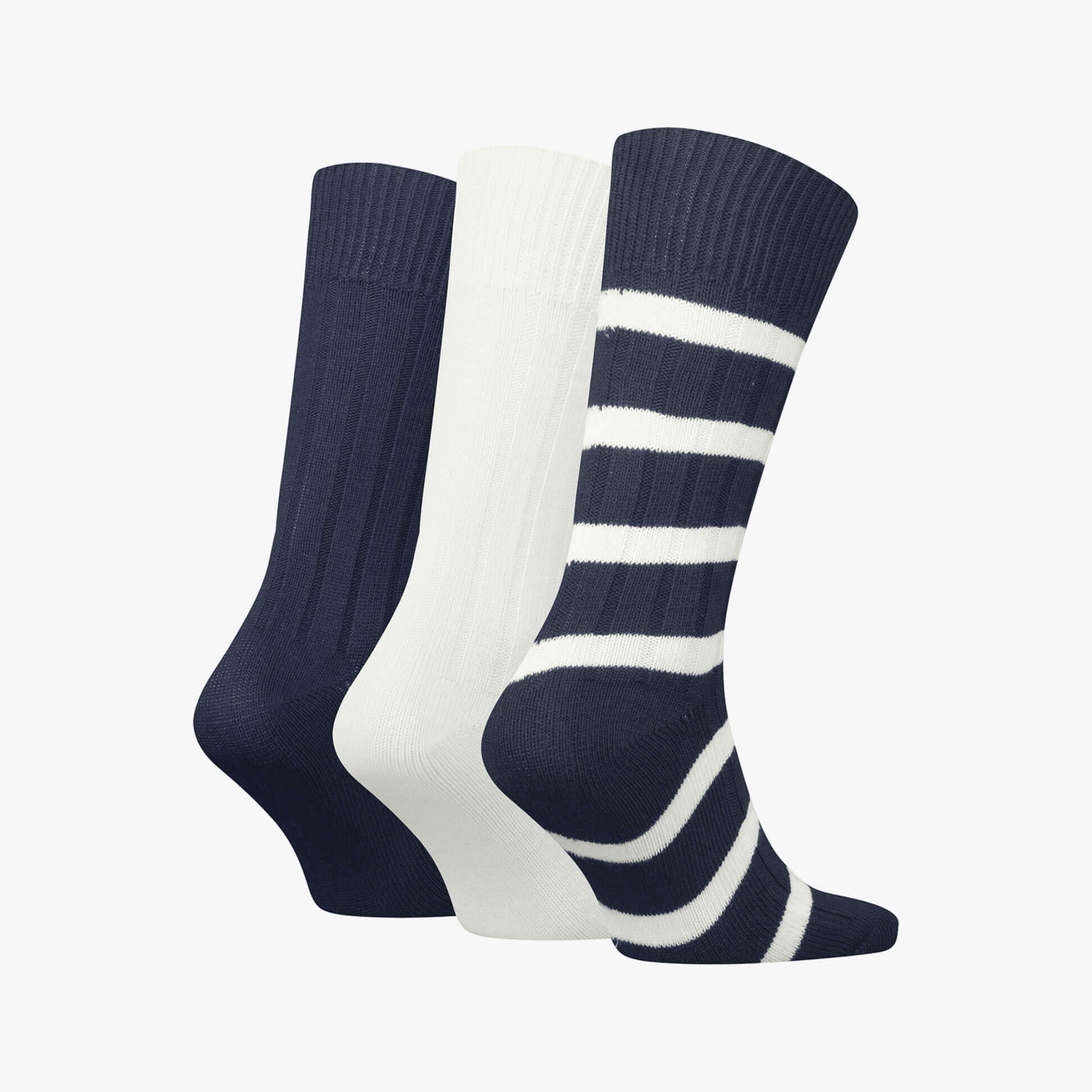 Tommy Hilfiger 3 Pack Giftbox Bootsock Mens Socks Navy side view featuring navy and white socks in a gift box.