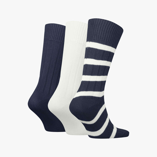 Tommy Hilfiger 3 Pack Giftbox Bootsock Mens Socks Navy side view featuring navy and white socks in a gift box.