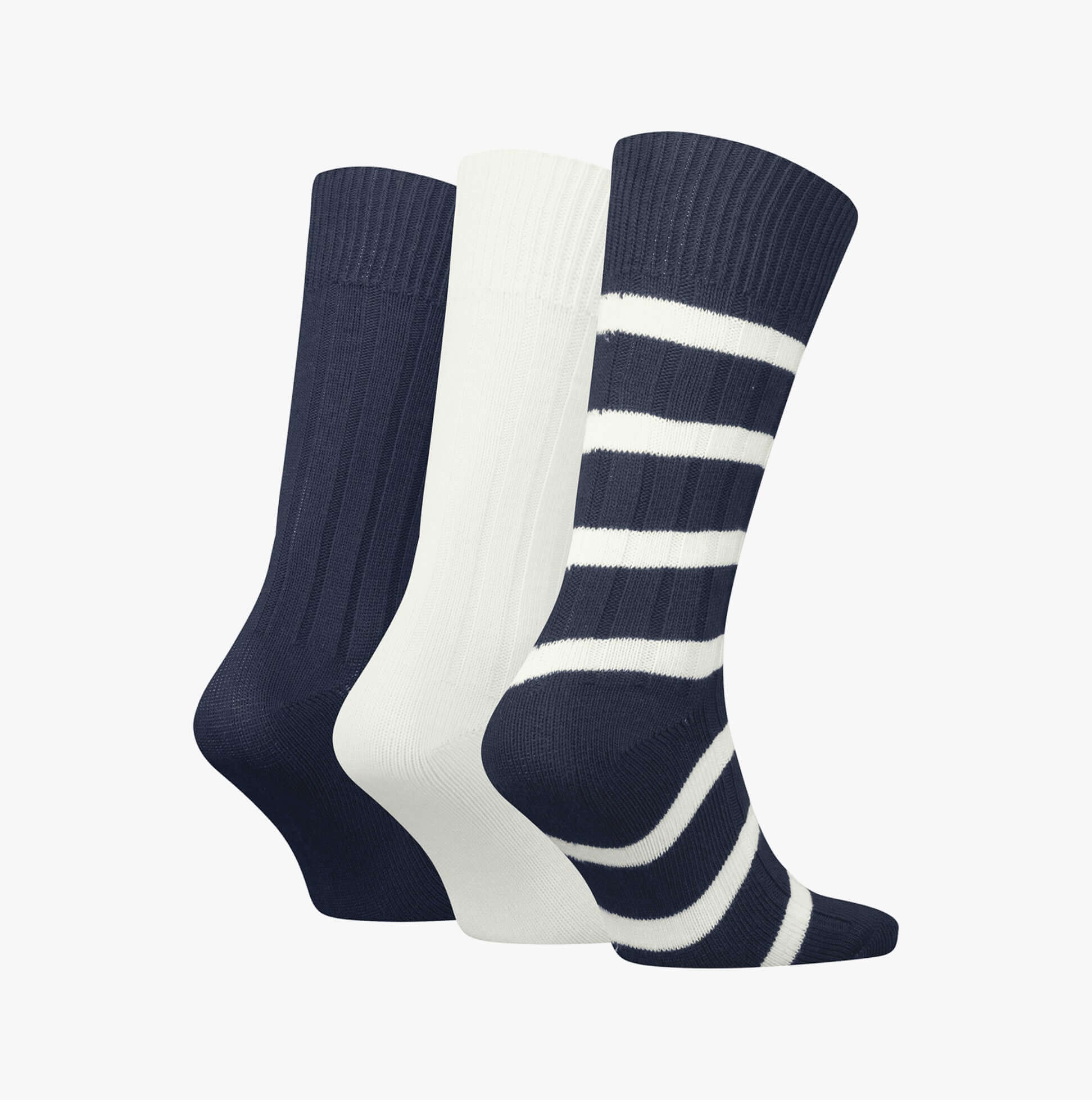 Tommy Hilfiger 3 Pack Giftbox Bootsock Mens Socks Navy side view featuring navy and white socks in a gift box.